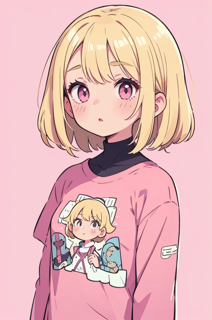 1 girl, blonde, short hair, Upper body, big face, pink clothes, simple background