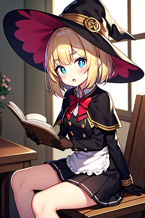 black capelet, black gloves, black headwear, black skirt, black vest, blonde hair, blush stickers, bow, bowtie, bright pupils, brown apron, buttons, capelet, elbow gloves, gloves, hair bow, hat, looking at viewer, open mouth, red bow, red bowtie, short hair, skirt, thick eyebrows, vest, waist apron, witch hat, cute, short female, curious, blue eyes, side view, reading, windows, sitting