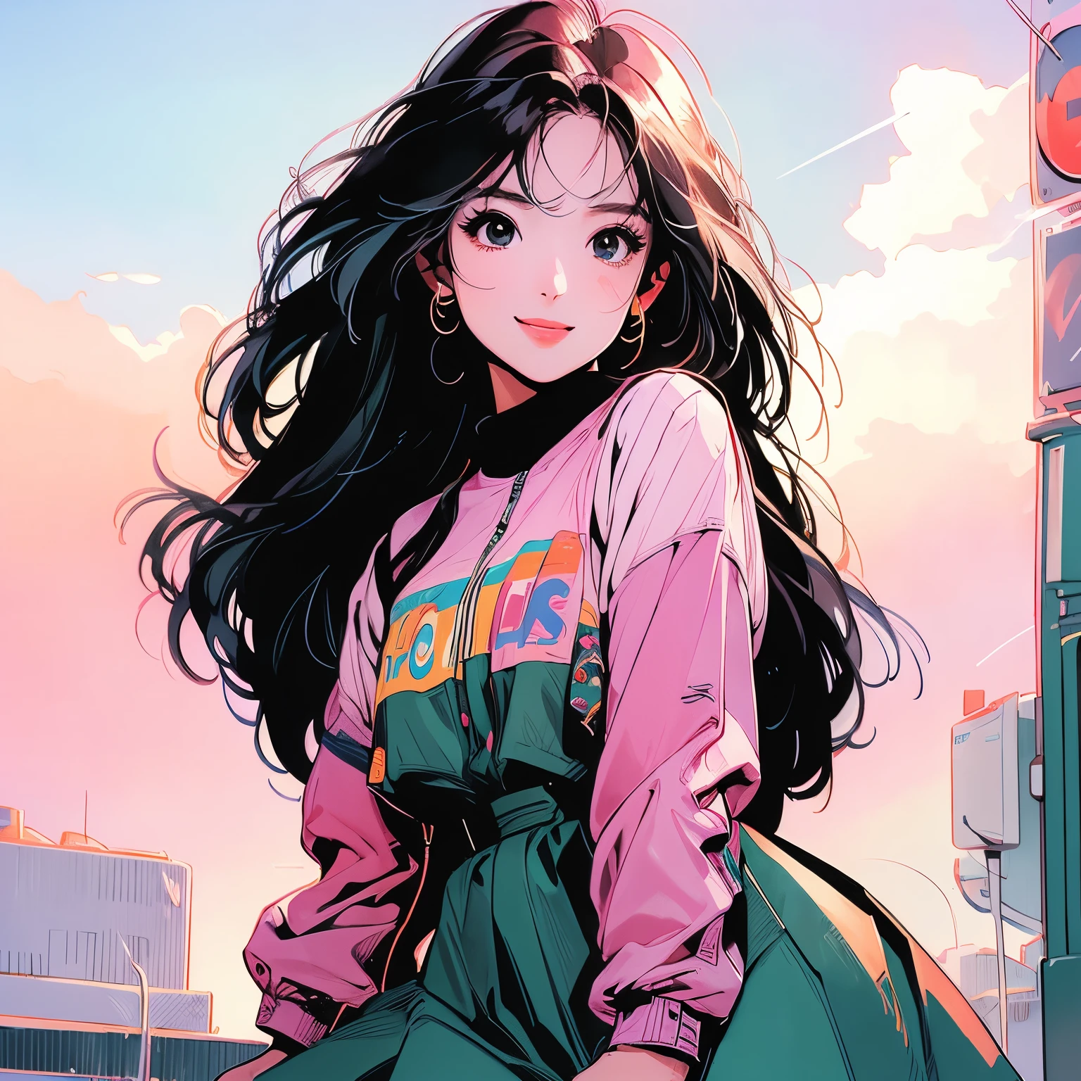 whole body、Beauty、1 female、4k、pedestrian crossing、Signal 、intersection、Complex background、Detailed Hair、smile、Colorful and vibrant hair、Faint lighting、Rainbow in the sky