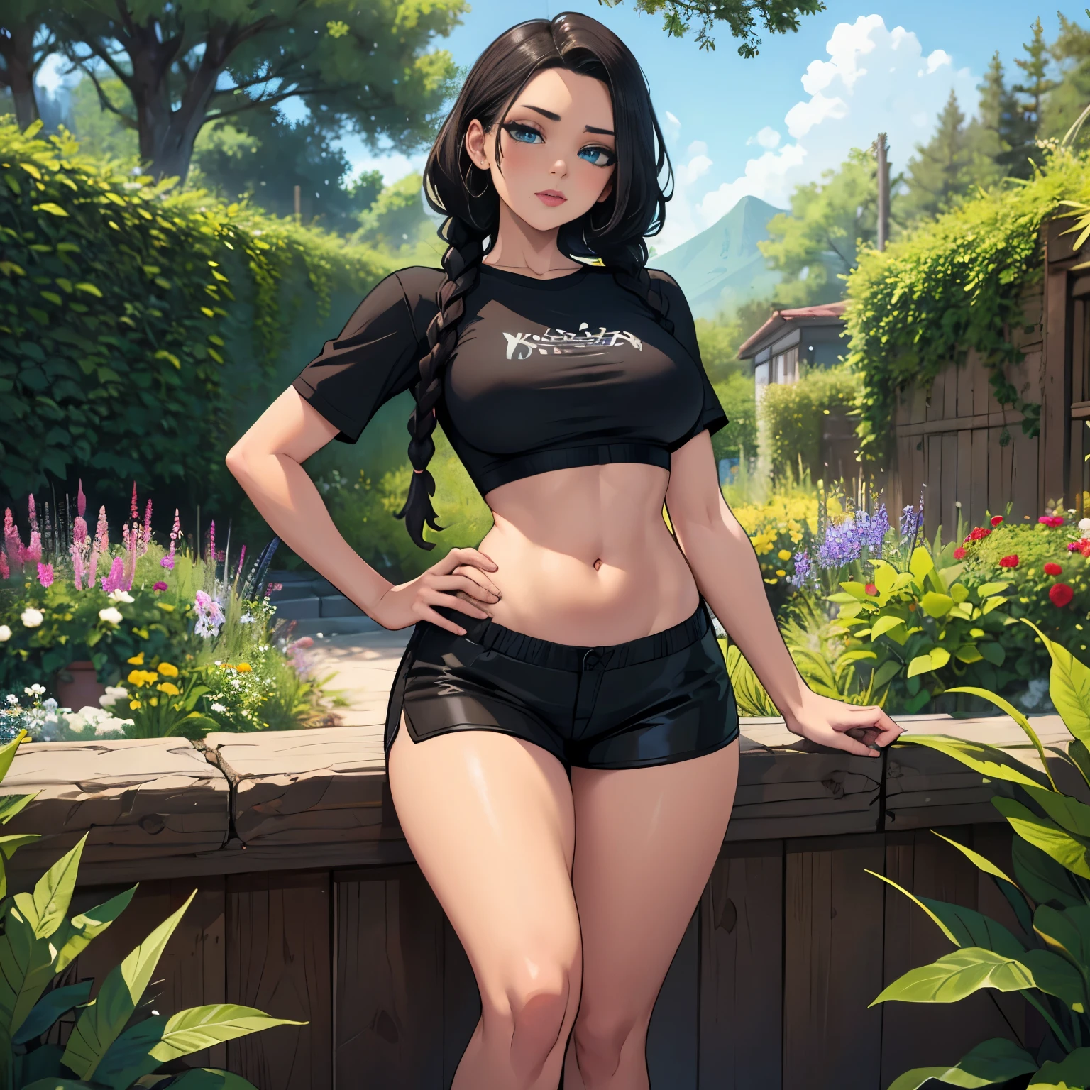Beautiful mature girl, tan skin, black braids, big blue eyes, wearing black shirt and black shorts, showing belly, seductive, looking a viewer, beautiful garden background