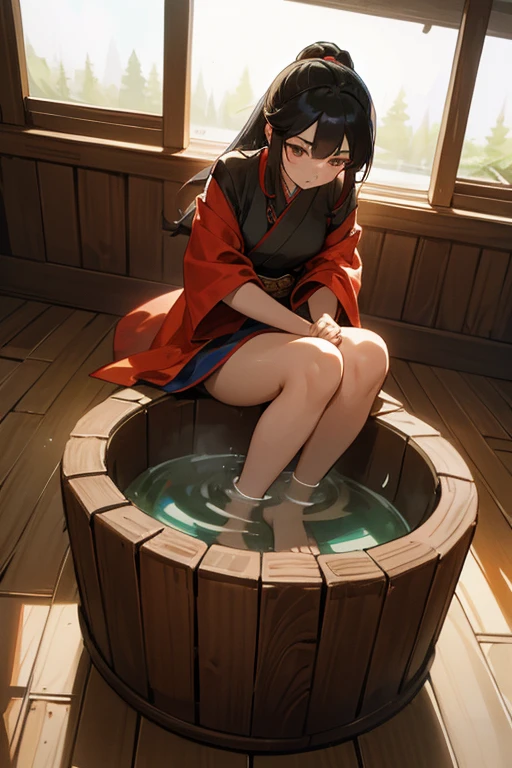 A beauty from the Three Kingdoms period washes her feet in a wooden basin filled with water indoors