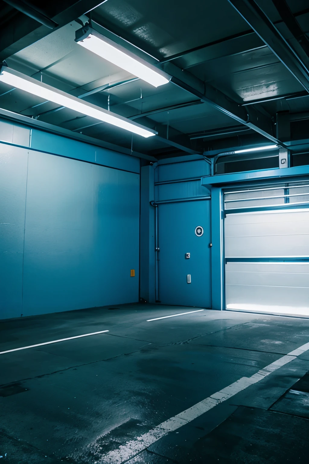 empty car garage in neon blue game style