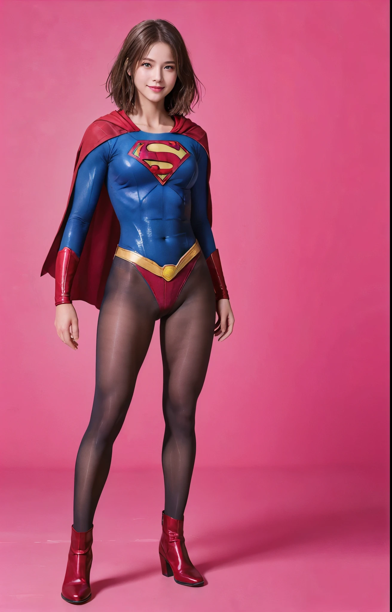 No background、(((Beautiful legs in black tights.)))、(((Legally express the beauty of your smile)))、((((Make the most of your original images)))、(((Body-hugging Supergirl costume)))、(((Supergirl Costume)))、(((Beautiful short bob hair)))、(((She is winking cutely.)))、(((Please wear black tights....、Wear red boots)))、((Best image quality、8k))、((highest quality、8k、masterpiece:1.3))、(((Preserve background )))、Sharp focus:1.2、Beautiful woman with perfect figure:1.4、Slim Abs:1.2、Wet body:1.5、Highly detailed face and skin texture、8k