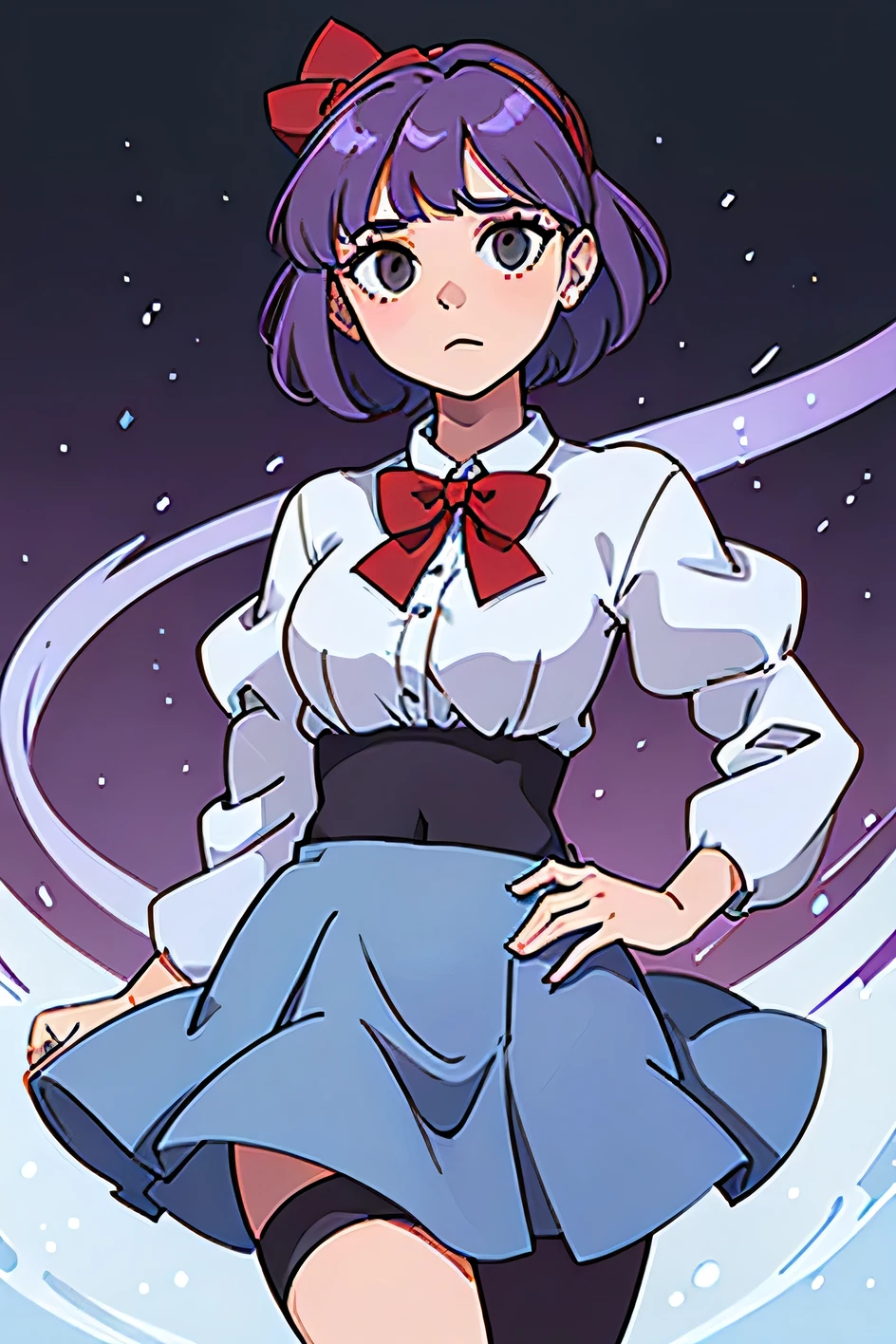 a girl Beautiful respect responsibility strict good big chest Short purple hair cut round her brown eye she dresses White blouse with closure blue line shows navel and a long blue skirt green heel put two red bow on her head