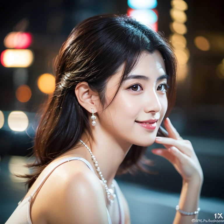 photograph,Ultra-realistic,Clear images,Full Body Shot,From the side, Hip Up,((Azirine)), Side pose, Random posture, night time, (An extremely delicate and beautiful work), (masterpiece), (((1. 18 year old Japanese female:1.5))), The best smile,Streetwear, Very detailed, The ponytail is crooked, charm expression, beautiful and clear eyes, blue eyes, Delicate pearl necklace, Delicate earrings, Simple blur background, Very detailed説明, beautiful, charm, Ultra-fine painting, Delicate face, Delicate figures, Thin clavicle, Nice lips, Softback, Mix 4,(8k, RAWphotograph, highest quality, masterpiece:1.2), (Realistic, photo-Realistic:1.37),One Girl,cute,Cityscape, night, rain, Wet, Professional Lighting, Photon Mapping, Radio City, Physically Based Rendering,