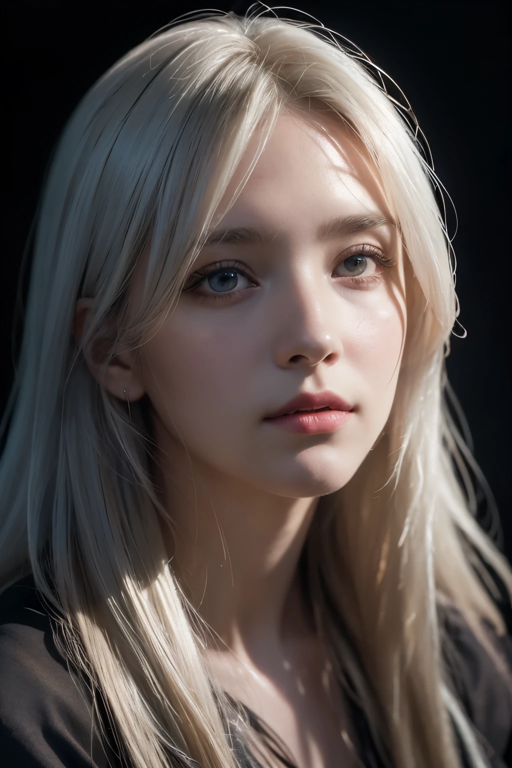 (front focus),(in the dark:1.6), Hyperrealist portrait of female by david hockney and alphonse mucha,fantasy art, photo realistic, dynamic lighting, artstation, poster, volumetric lighting, very detailed faces, 4 k, award winning,, 1girl, in the dark, deep shadow, low key,cowboy shot,(official clothing:1.4) ,long hair,white hair,