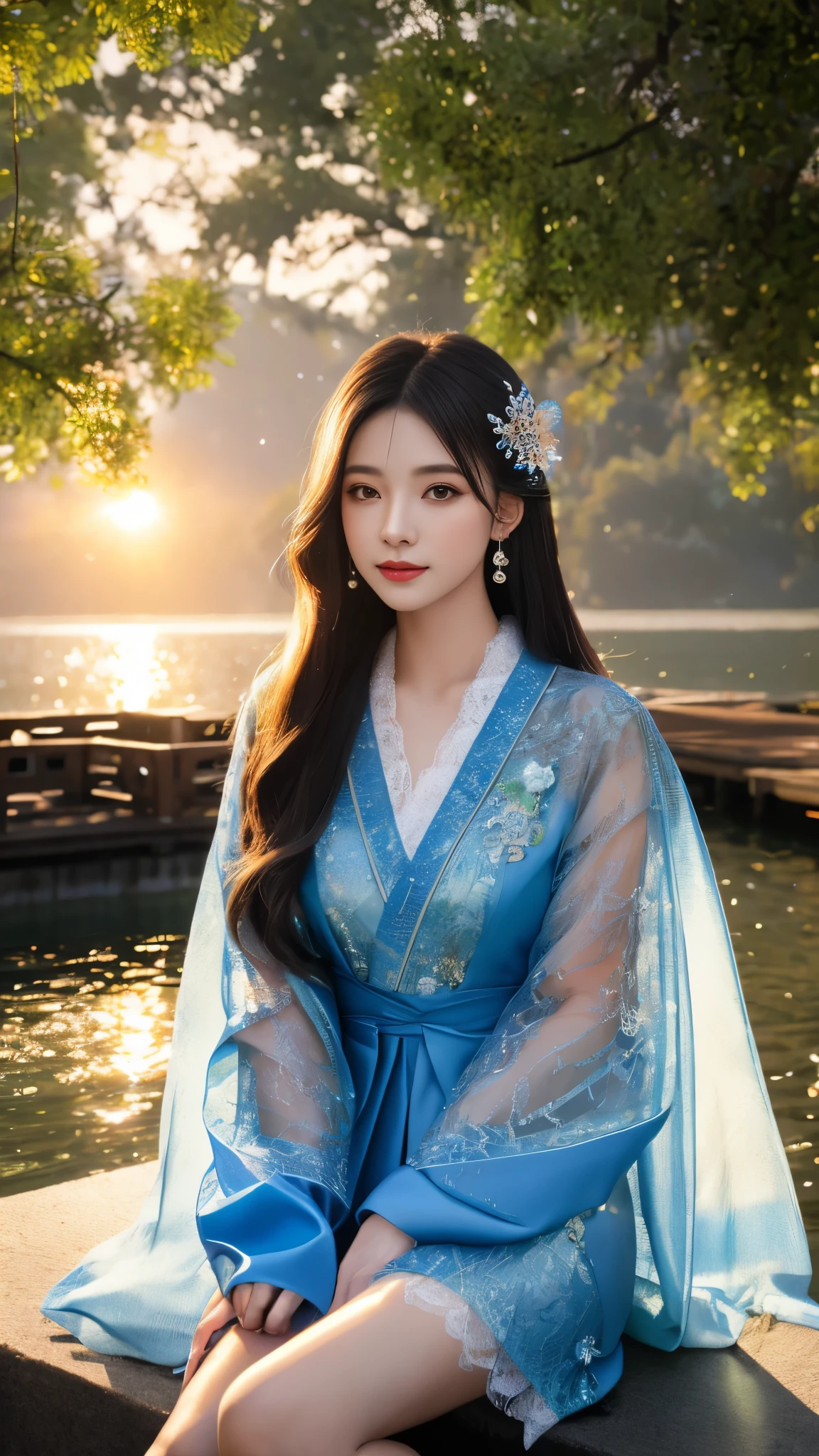 8K, UHD, masterpeiece,best quality, 1 girl, detailed face, detailed eyes, very long hair, long straight hair, small breasts, very detailed dress, kimono costume, blue costume, ((mesh lace)), sardine, flowing sardine, jwellery, earring, ornaments, flower, evening, lake, water, sunset, depth of field, glowing light, god rays, reflection light, bloom, blending, sitting,