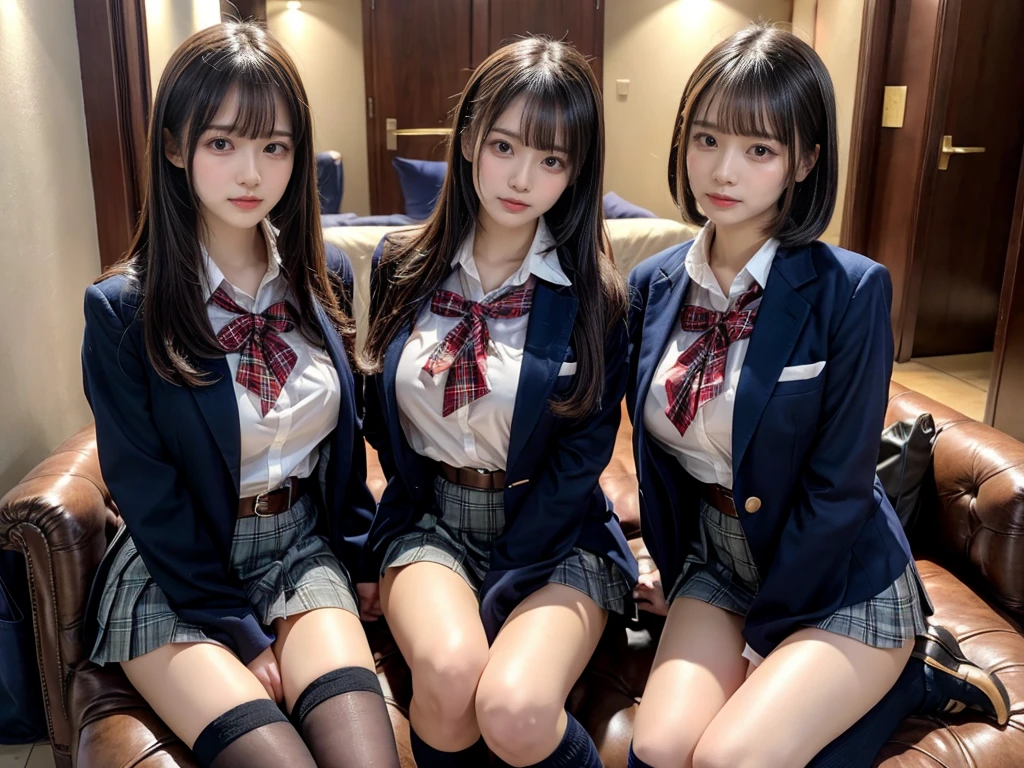 (8K, Raw photography, top-quality, masterpiece:1.2), master piece, best quality, illustration, Super detailed, fine details, High resolution, 8K,wall paper, perfect dynamic composition,(Details High quality, realistic depiction of eyes:1.3), ((2 girls, 2 girls)), The background is a luxury hotel room、High school girl uniform、blazer 、Super Short Check Uniform Skirt、Navy blue high socks、garterbelts、Colossal tits、Disturbed uniform, Play with each other,Touching each other's bodies,Touching the body of the girl next door, short bob hair, black hair color, huge breasts, Big Natural Color Lip, bold sexy pose, (perfect body shape), crying a little、cold gaze, Beautiful makeup,glitter makeup,Cutest 18 years old, beautiful legs, hposing Gravure Idol, Voluptuous thighs
