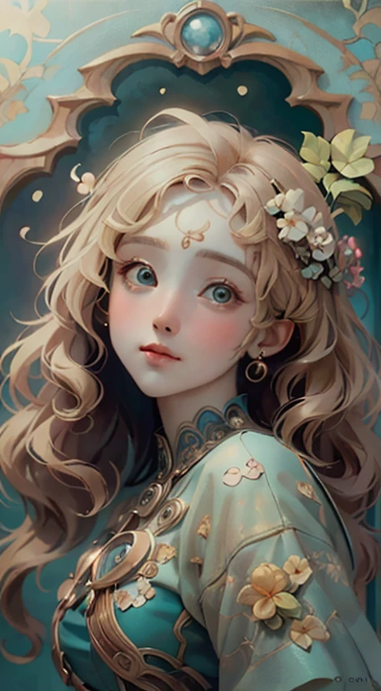 European woman face portrait, Long Curly Hair, blonde, Floral frame, Decorative panel, Abstract art, By Alphonse Mucha (masterpiece, highest quality, High resolution: 1.4), detailed, Intricate details, 4K, Color Splash, Line art, Fibonacci, Big eyes、Beauty