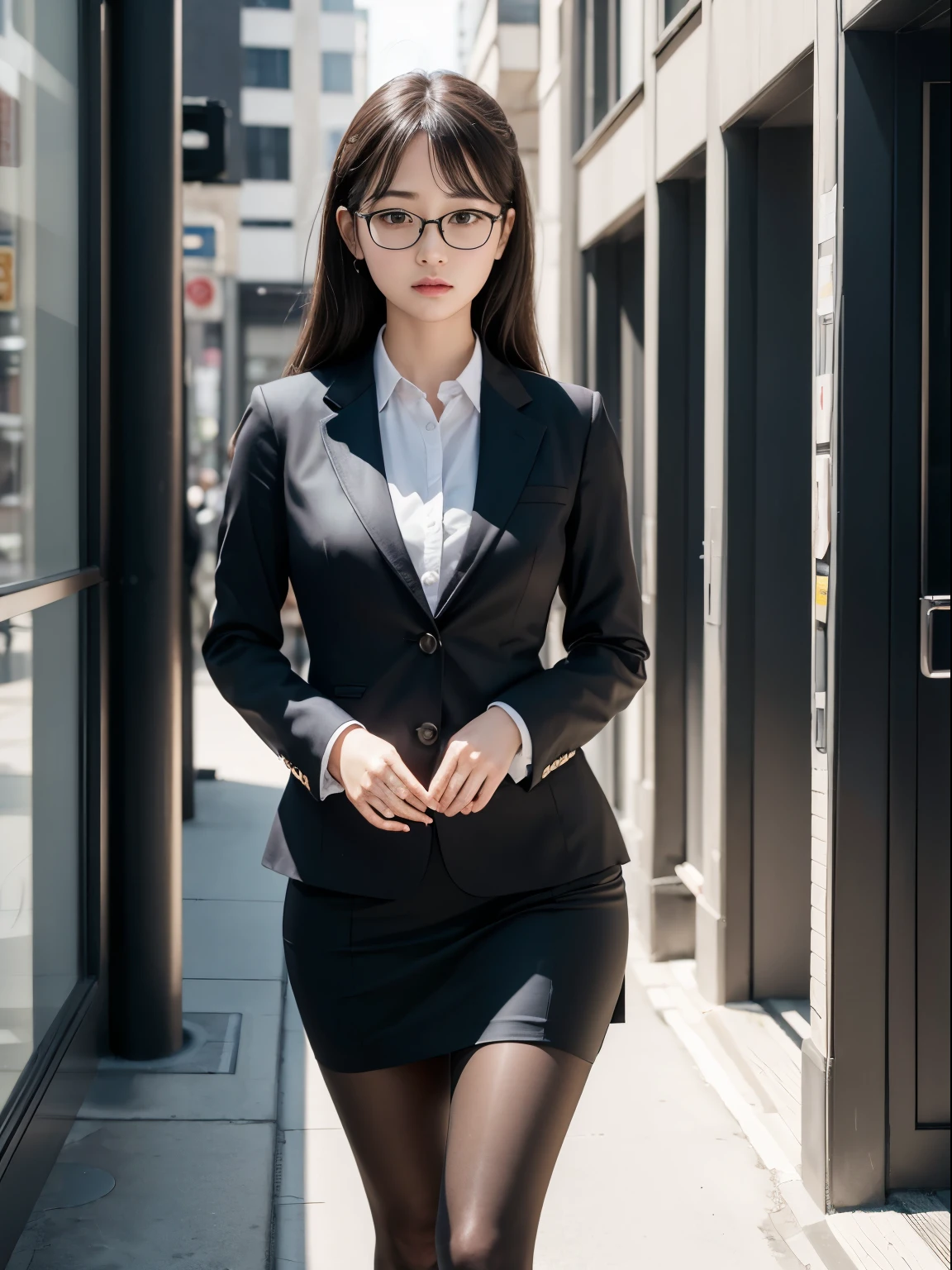 alone、solo、OL in her 20s in office uniform posing for a photo、(Black Pantyhose)、(Half Up),victory、Tsundere、Single knot、OL、suit、blue mini skirt、anger、small、Glasses、slim girl model photo、physical:the smallest middle-aged man in history、female model、Japanese female fashion model、(8k、RAW photo、highest quality、masterpiece:1.2)、(real、photorealistic:1.37)、Super detailed、Ultra high definition、office Street、 standing position、whole body、((((SEXY)))