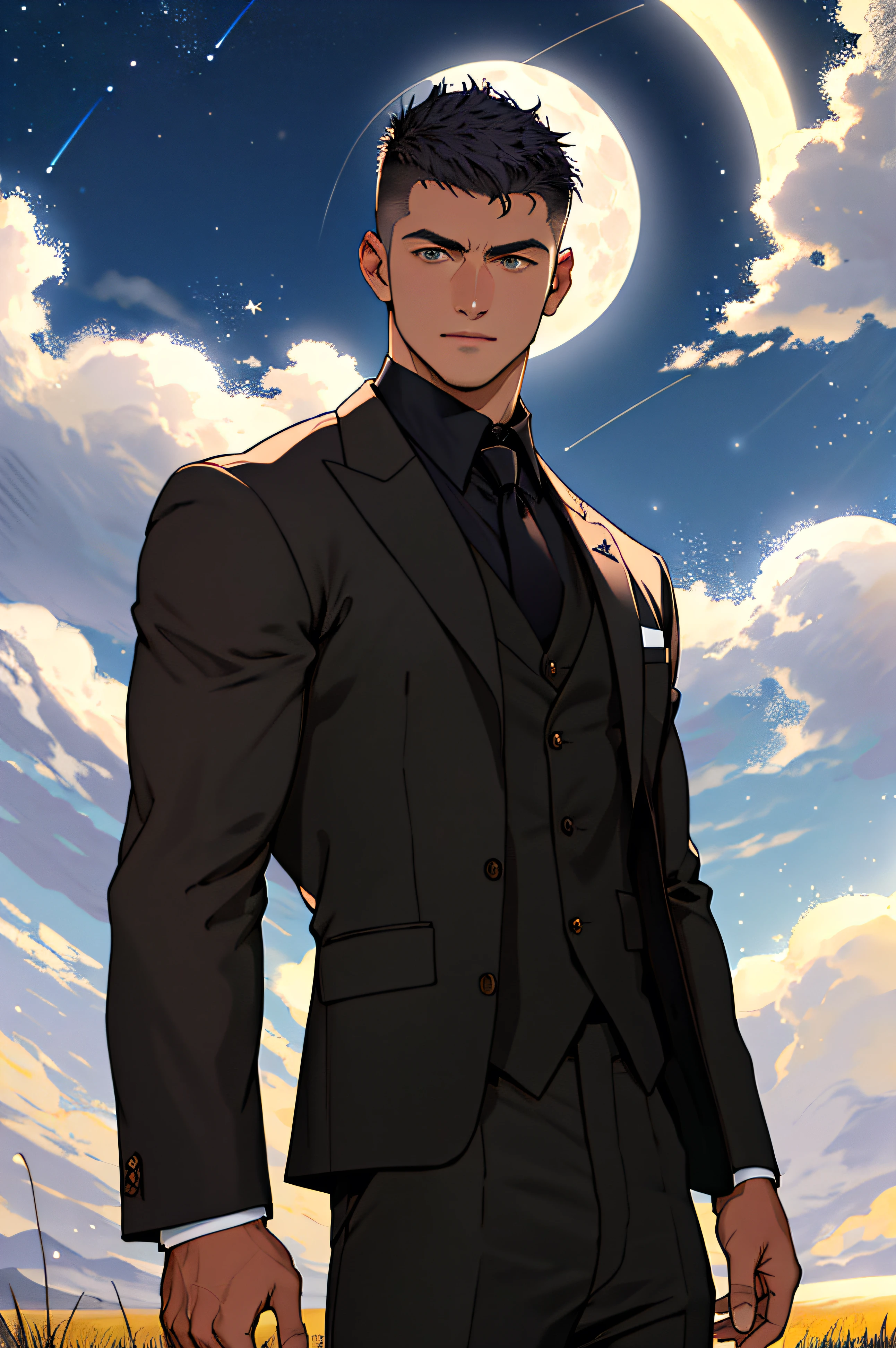 Draw a full-fledged footballer,Standing on the steppe at night,He wears a fancy suit,The man looks confident and determined,looking-down,Crew cut,full bodyesbian,Stars dot the sky,shooting from below,Big moon highlights background