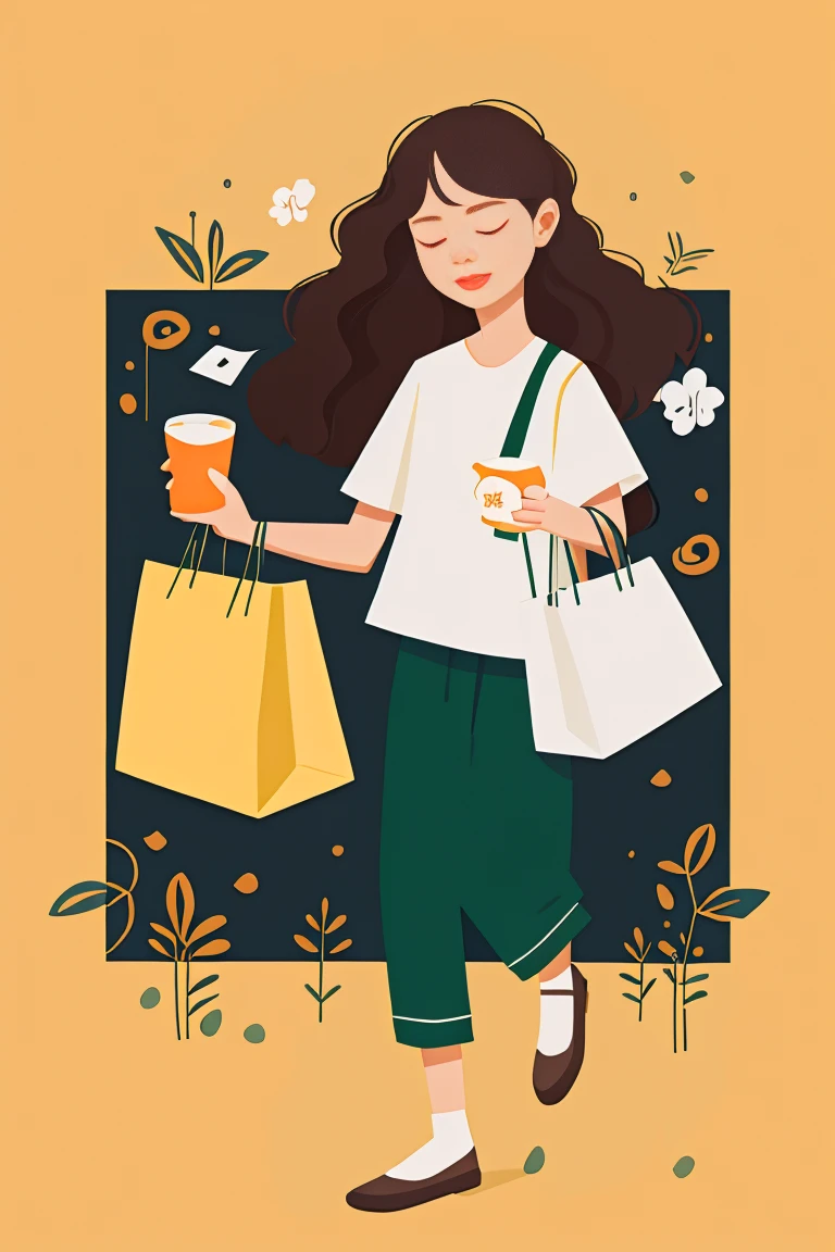 Stroke illustration female youth,Vector hand drawn, Small eyes and simple facial features,Wear trendy clothing,Holding milk tea in right hand,Holding shopping bag in left hand,Full body young woman,Taking small steps,Cheers,jump,Young flat style characters,IP Business Figures