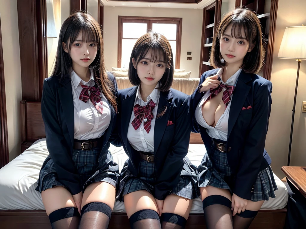 (8K, Raw photography, top-quality, masterpiece:1.2), master piece, best quality, illustration, Super detailed, fine details, High resolution, 8K,wall paper, perfect dynamic composition,(Details High quality, realistic depiction of eyes:1.3), ((2 girls, 2 schoolgirls)), The background is a luxury hotel room、High school girl uniform、blazer 、Super Short Check Uniform Skirt、Navy blue high socks、garterbelts、Colossal tits、Disturbed uniform, Play with each other,Touching each other's bodies,Touching the body of the girl next door, short bob hair, black hair color, huge breasts, Big Natural Color Lip, bold sexy pose, (perfect body shape), crying a little、cold gaze, Beautiful makeup,glitter makeup,Cutest 18 years old, beautiful legs, hposing Gravure Idol, Voluptuous thighs