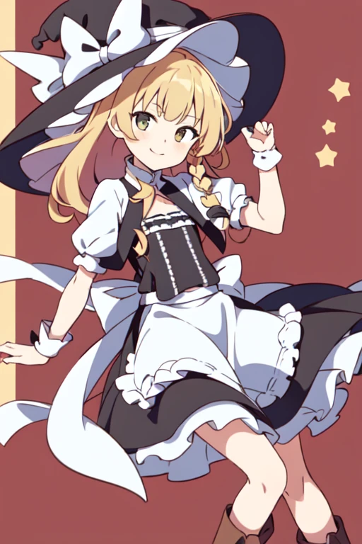 kourindou marisa, 1girl, kirisame marisa, smile, looking at viewer, witch hat, brown boots, flat chest, single braid, short sleeves, white capelet, long skirt, apron 