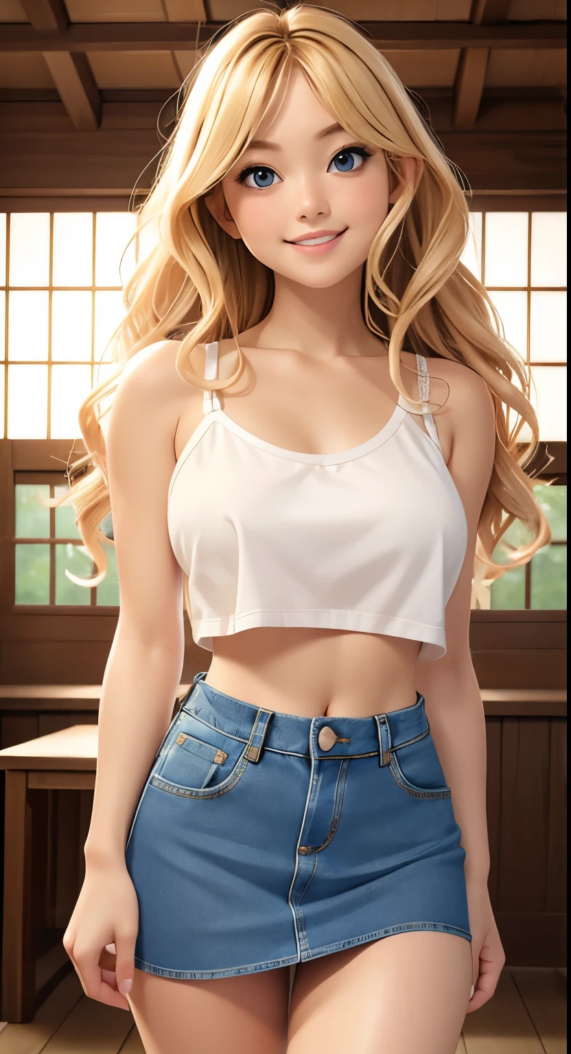 realistic,realphoto,highest quality, masterpiece, Beautiful and detailed eyes, (Sunburn), Japanese、Denim mini skirt、Blonde Wavy Hair, Short mini skirt、ローライズDenim mini skirt、White panties、Gradient Hair, Pink highlights in hair, Big Breasts, Are standing, compensate, Glossy lips, Fuller lips, (Natural light), In the room, night, かわいいDenim mini skirtスーツ, A shy smile, stomach, clavicle, in love, Cute gestures