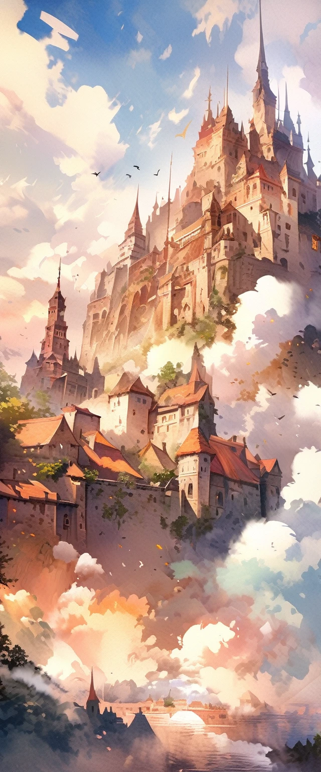 (very beautiful elaborate watercolors), (very beautiful ancient castles floating:1.4) above beautiful celestial clouds, numerous slums smoke and dust on the ground, BREAK ,quality\(8k,wallpaper of extremely detailed CG unit, ​masterpiece,hight resolution,top-quality,top-quality real texture skin,hyper realisitic,increase the resolution,RAW photos,best qualtiy,highly detailed,the wallpaper\)