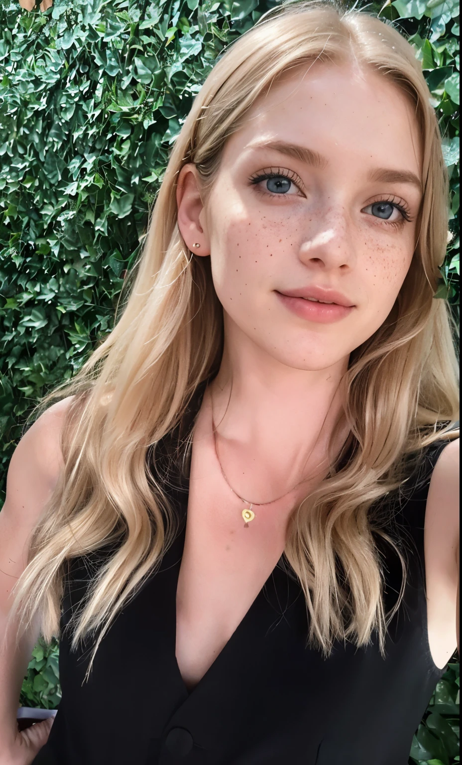 mulher, americana, 25 anos, pale skin and freckles, olhos cinzas, nariz delicado, soft and delicate lips, longo, cabelo blondie longo e ondulado na altura da cintura, sorriso meigo, face with delicate feminine facial features, altamente renderizado