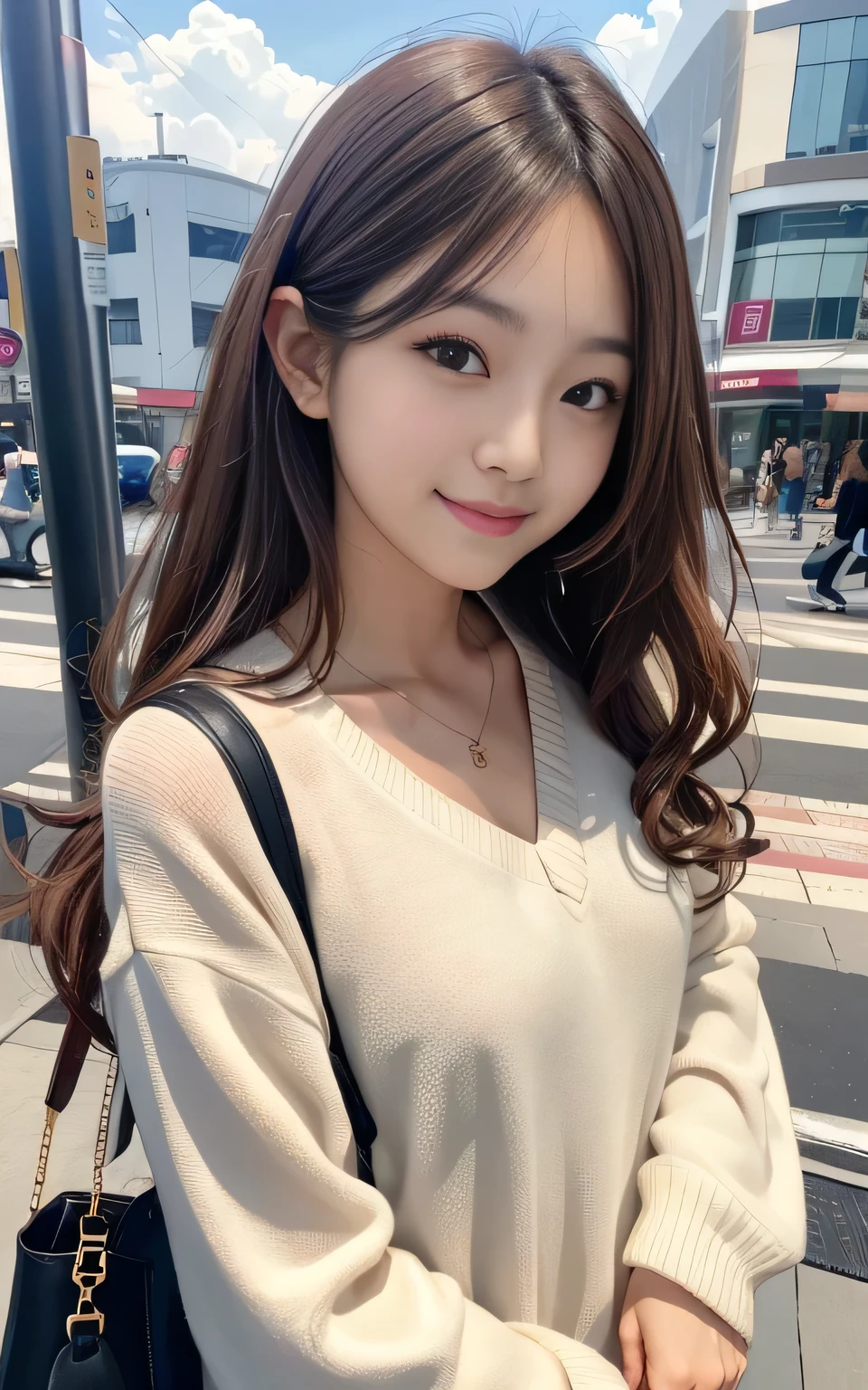 cute 21 year old japanese、Clear skies、shopping、city、super detail face、pay attention to details、double eyelid、beautiful thin nose、sharp focus:1.2、Beautiful woman:1.4、(light brown hair, curly long dark hair), white skin、highest quality、masterpiece、ultra high resolution、(Photoreal:1.4)、Highly detailed and professional lighting、nice smile、Show the whole body、cute fall clothes、