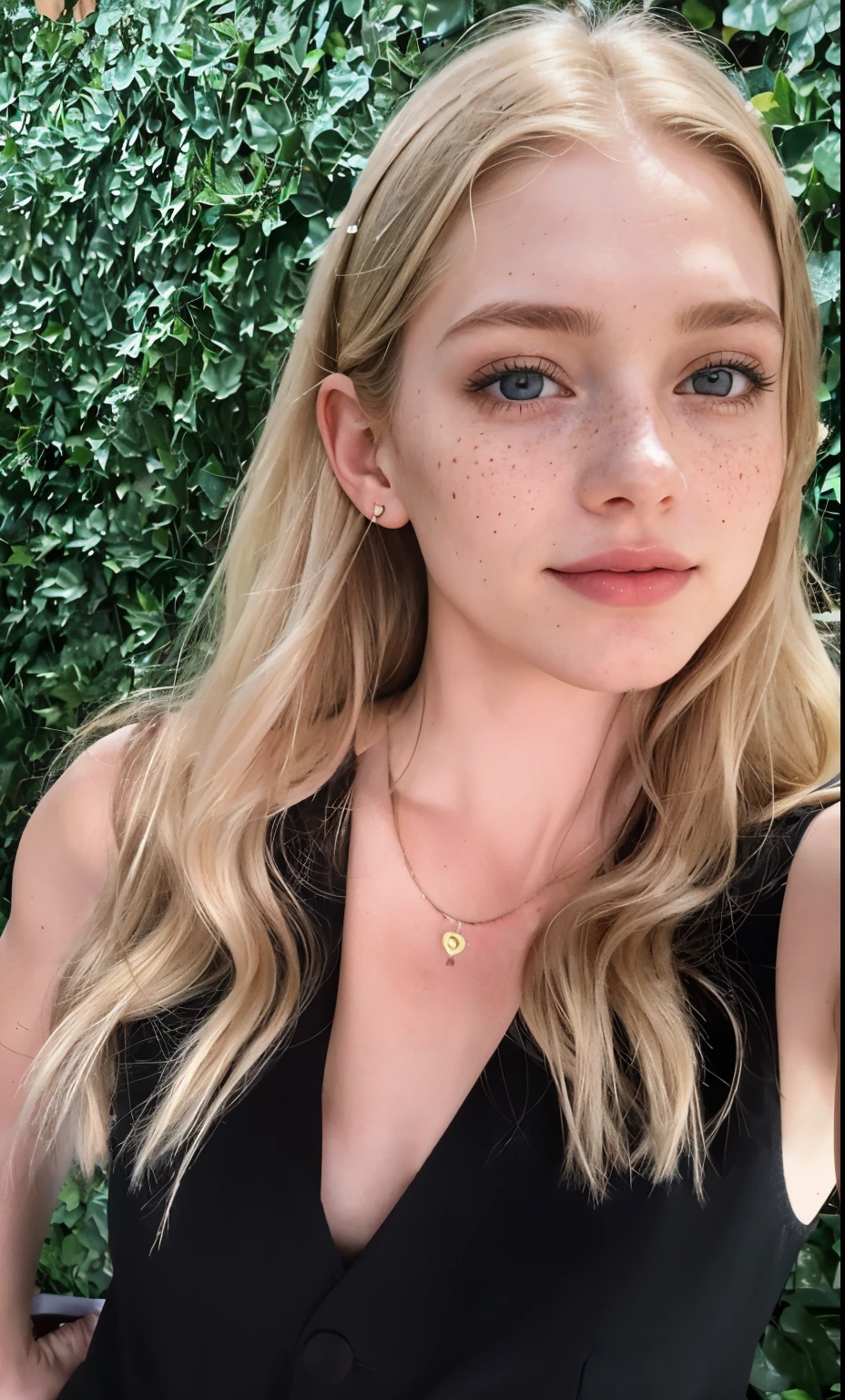 mulher, americana, 25 anos, pale skin and freckles, olhos cinzas, nariz delicado, soft and delicate lips, longo, cabelo blondie longo e ondulado na altura da cintura, sorriso meigo, face with delicate feminine facial features, altamente renderizado