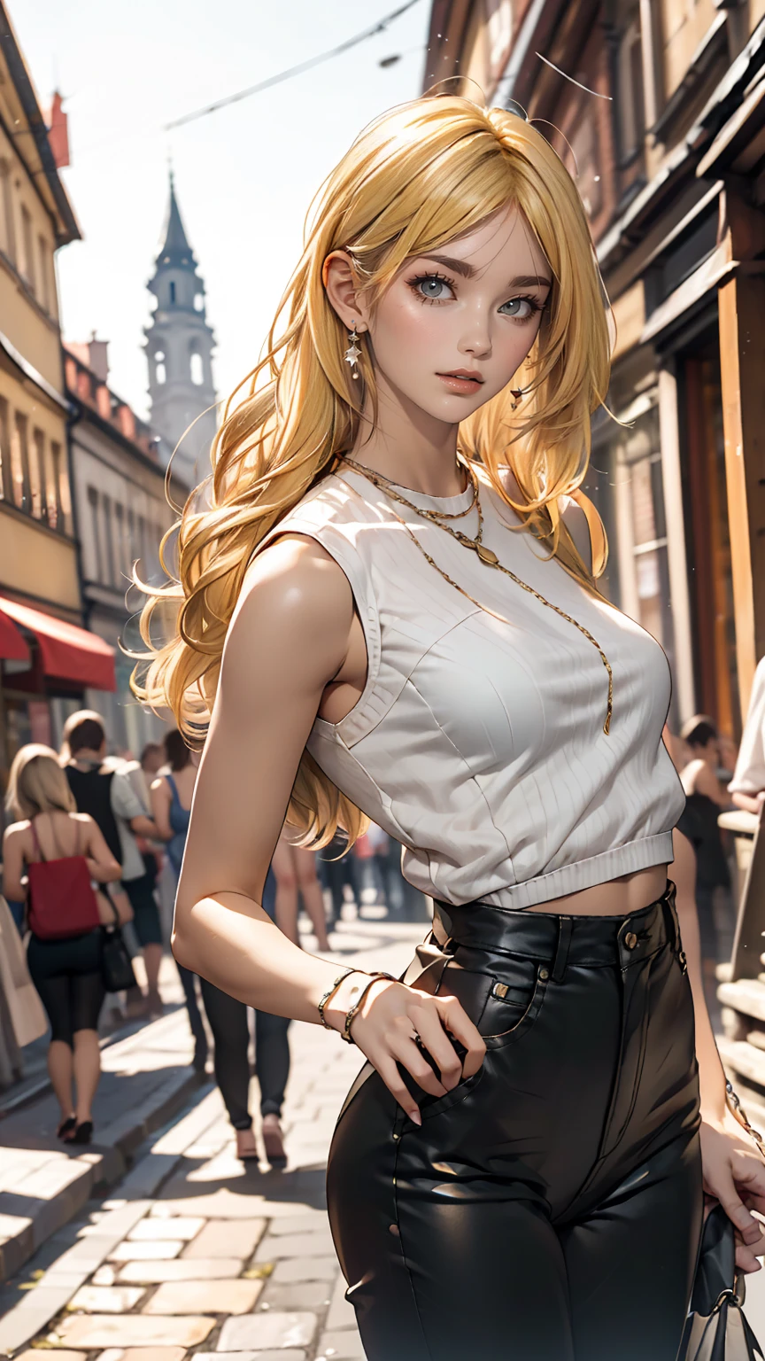 Brussels Old Town、Cobblestones、One woman、Platinum blonde inner color((colored inner hair))、long hair、Wear a sleeveless zipper-up top、Wear low rise leggings