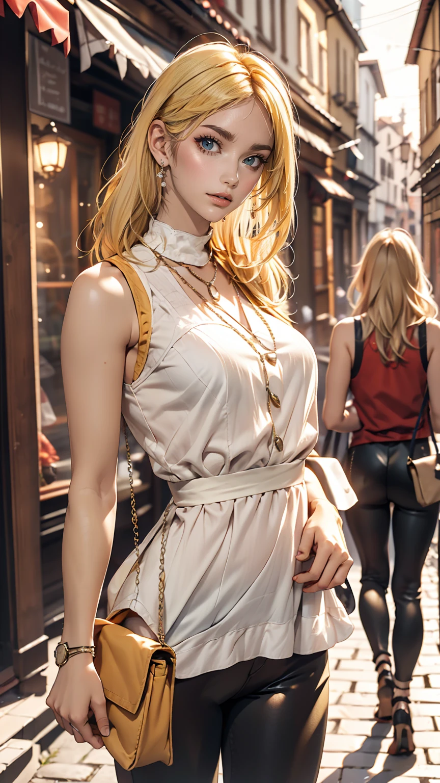 Brussels Old Town、Cobblestones、One woman、Platinum blonde inner color((colored inner hair))、long hair、Wear a sleeveless zipper-up top、Wear low rise leggings