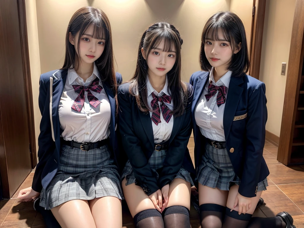 (8K, Raw photography, top-quality, masterpiece:1.2), master piece, best quality, illustration, Super detailed, fine details, High resolution, 8K,wall paper, perfect dynamic composition,(Details High quality, realistic depiction of eyes:1.3), ((2 girls, 2 schoolgirls)), The background is a luxury hotel room、High school girl uniform、blazer 、Super Short Check Uniform Skirt、Navy blue high socks、garterbelts、Colossal tits、Disturbed uniform, Play with each other,Touching each other's bodies,Touching the body of the girl next door, short bob hair, black hair color, huge breasts, Big Natural Color Lip, bold sexy pose, (perfect body shape), crying a little、cold gaze, Beautiful makeup,glitter makeup,Cutest 18 years old, beautiful legs, hposing Gravure Idol, Voluptuous thighs