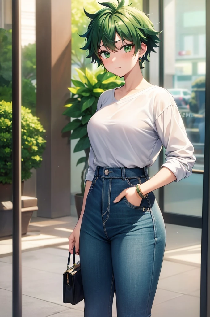 Izuku Midoriya, Izuku Midoriya, full name: Izuku Midoriya, also known as Deku, gender-swapped to female, female Izuku Midoriya, girl Izuku Midoriya, girl Deku, gender swap Izuku Midoriya, gender swap Deku, beautiful green eyes, sparkling green eyes, large green eyes, captivating green eyes, short green hair, stylish short green hair, vibrant green hair, trendy green hair, modern fashionable clothes, contemporary stylish outfit, chic urban attire, modern fashionable clothes, trendy jacket, fashionable jeans, stylish sneakers, casual yet chic, modern fashionable clothes, fashionable accessories, trendy earrings, stylish bracelet, contemporary style, female Izuku Midoriya, girl Deku, gender swap Izuku Midoriya, gender swap Deku, high quality, 8k, perfect image, best image, highly detailed, detailed, beautiful, stunning image, exquisite details, flawless representation, hyper-realistic, photo-realistic.
