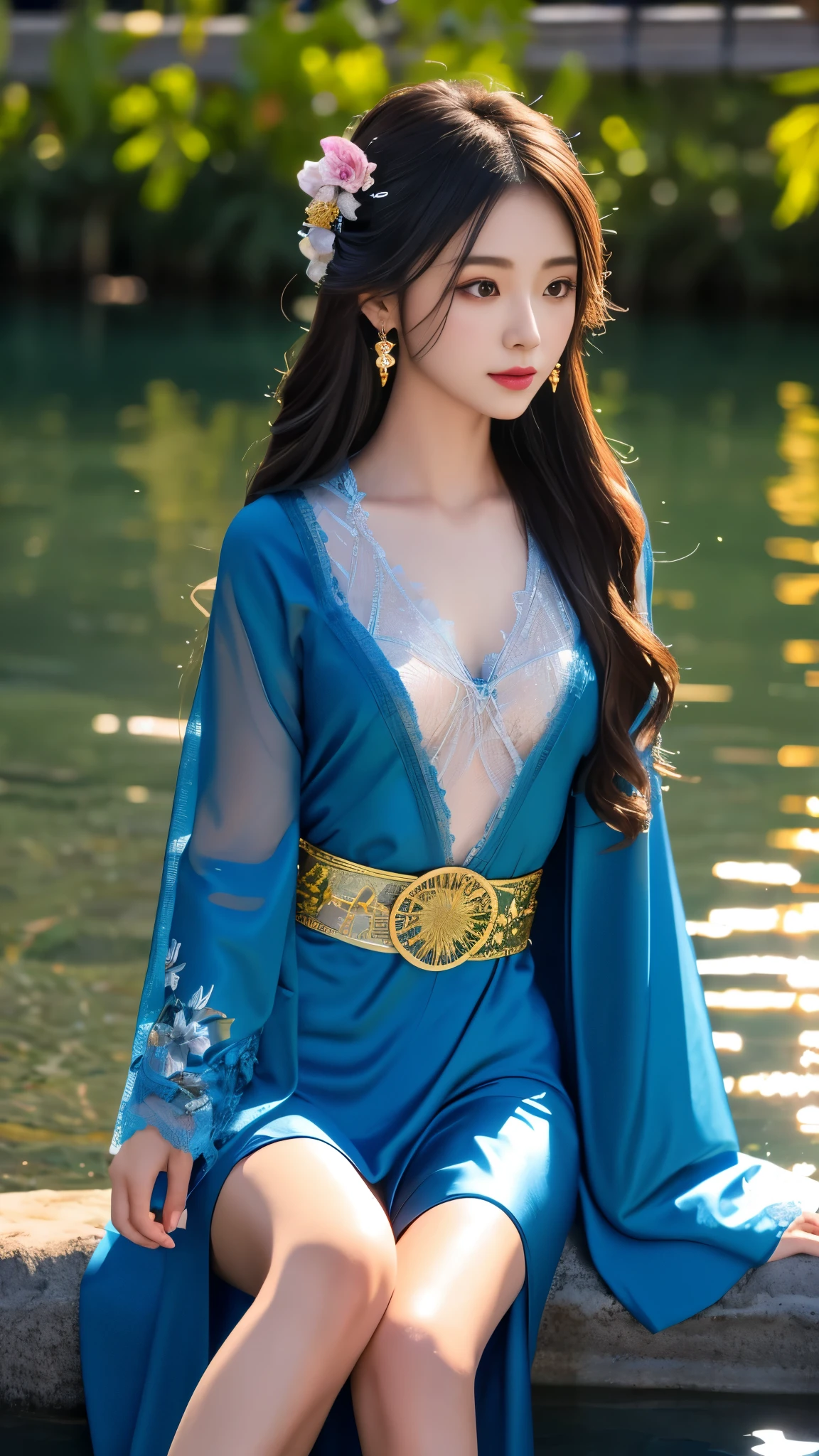 8K, UHD, masterpeiece,best quality, 1 girl, detailed face, detailed eyes, very long hair, long straight hair, small breasts, very detailed dress, kimono costume, blue costume, ((mesh lace)), sardine, flowing sardine, jwellery, earring, ornaments, flower, evening, lake, water, sunset, depth of field, glowing light, god rays, reflection light, bloom, blending, sitting,