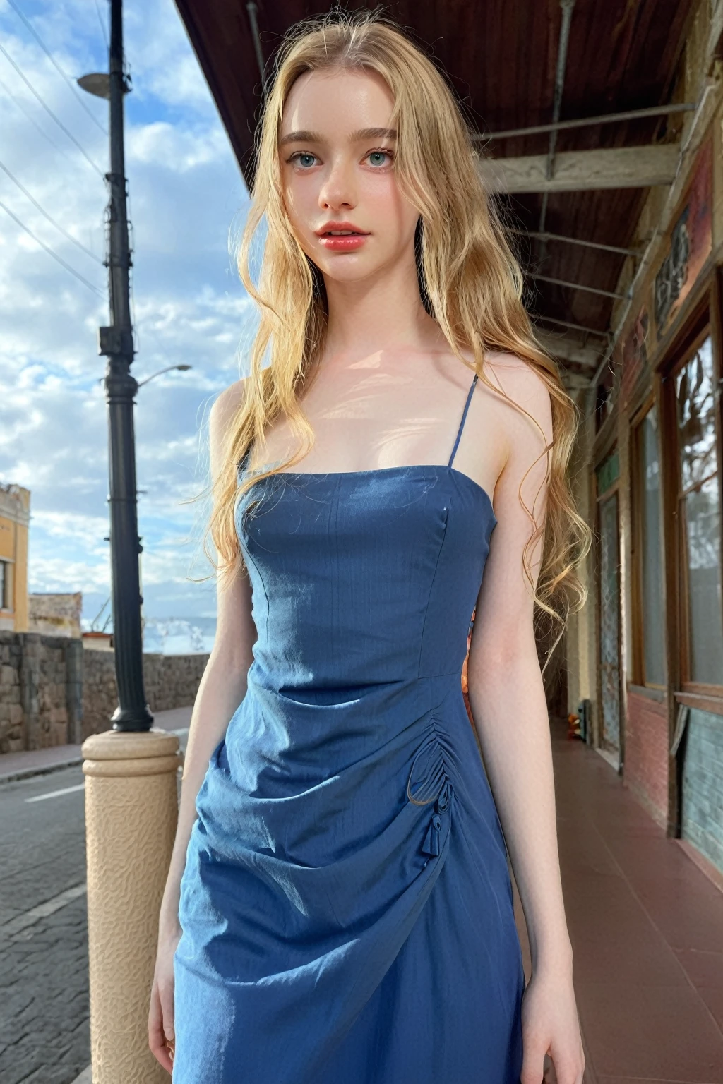 ((intricate details, pale skin)), solo, very detailed, detailed face, very long hair, picture of a beautiful young woman, dasha_taran, sfw, ((natural golden blonde hair, full color hair, well cared hair)), High Definition RAW Photography, 16k photography, (full body), standing, delicate facial features, pretty face, detailed full body, visible from head to knees, (bright sky-blue eyes:1.2), mesmerizing eyes, emotive longing expression, (cinematic, film grain:1.1), in a blue dress standing on a sidewalk, beautiful alluring woman, beautiful woman, seductive girl