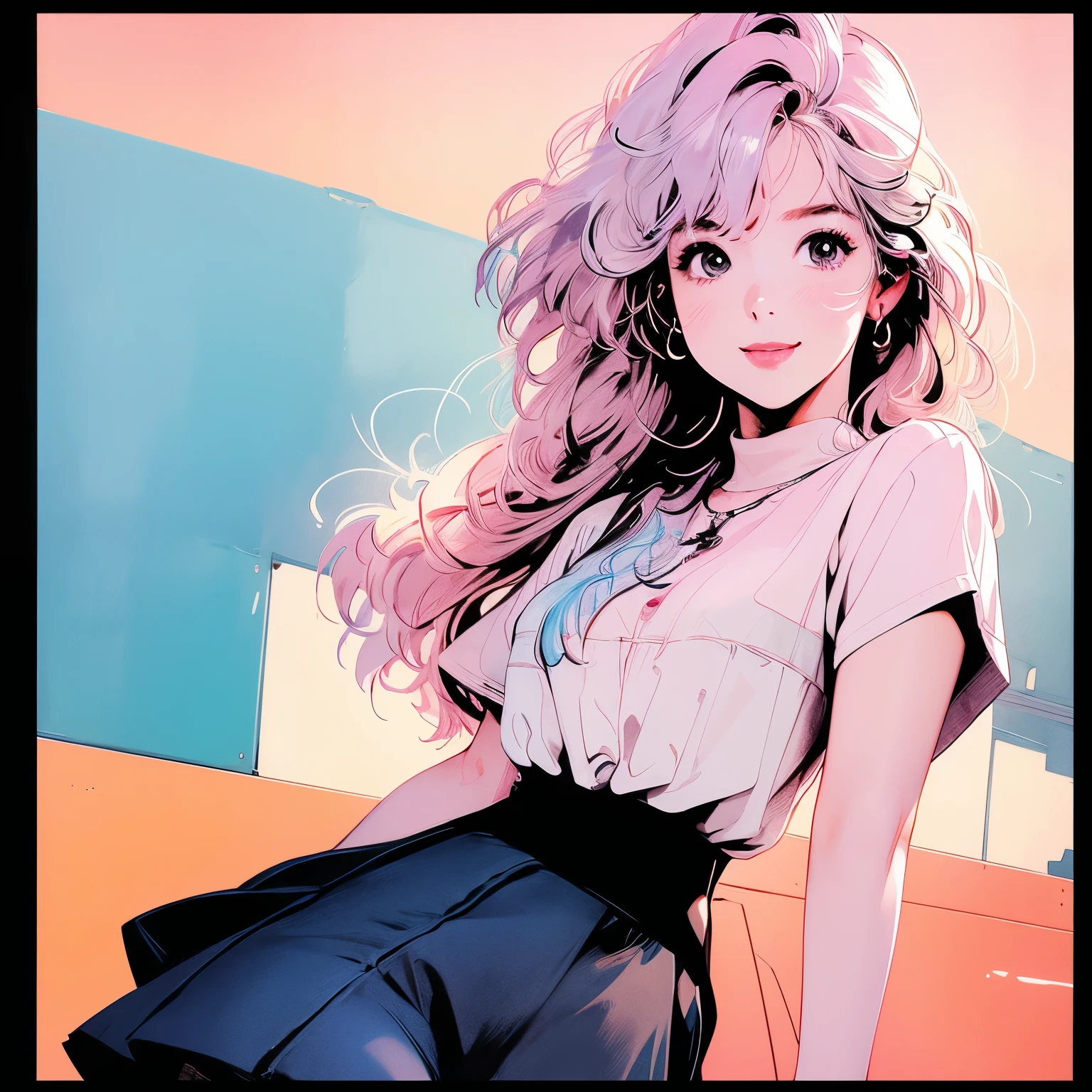whole body、Beauty、1 female、4k、White short sleeve blouse、skirt、pedestrian crossing、Signal 、intersection、Complex background、Detailed Hair、smile、Pale pink hair、Faint lighting、rainbow