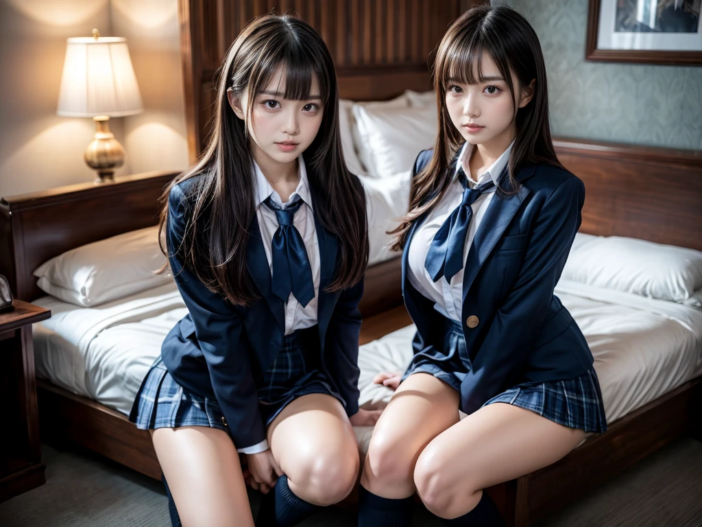 (8K, Raw photography, top-quality, ​masterpiece:1.2), master piece, best quality, illustration, Super detailed, fine details, High resolution, 8K,wall paper, perfect dynamic composition,(Details High quality, realistic depiction of eyes:1.3), ((2 girls, 2 girls)), The background is a luxury hotel room、High school girl uniform、blazer 、Super Short Check Uniform Skirt、Navy blue high socks、garterbelts、Colossal tits、Disturbed uniform, Play with each other,Touching each other's bodies,Touching the body of the girl next door, short bob hair, black hair color, huge breasts, Big Natural Color Lip, bold sexy pose, (perfect body shape), crying a little、cold gaze,  Beautiful makeup,glitter makeup,Cutest 18 years old, beautiful legs, hposing Gravure Idol, Voluptuous thighs