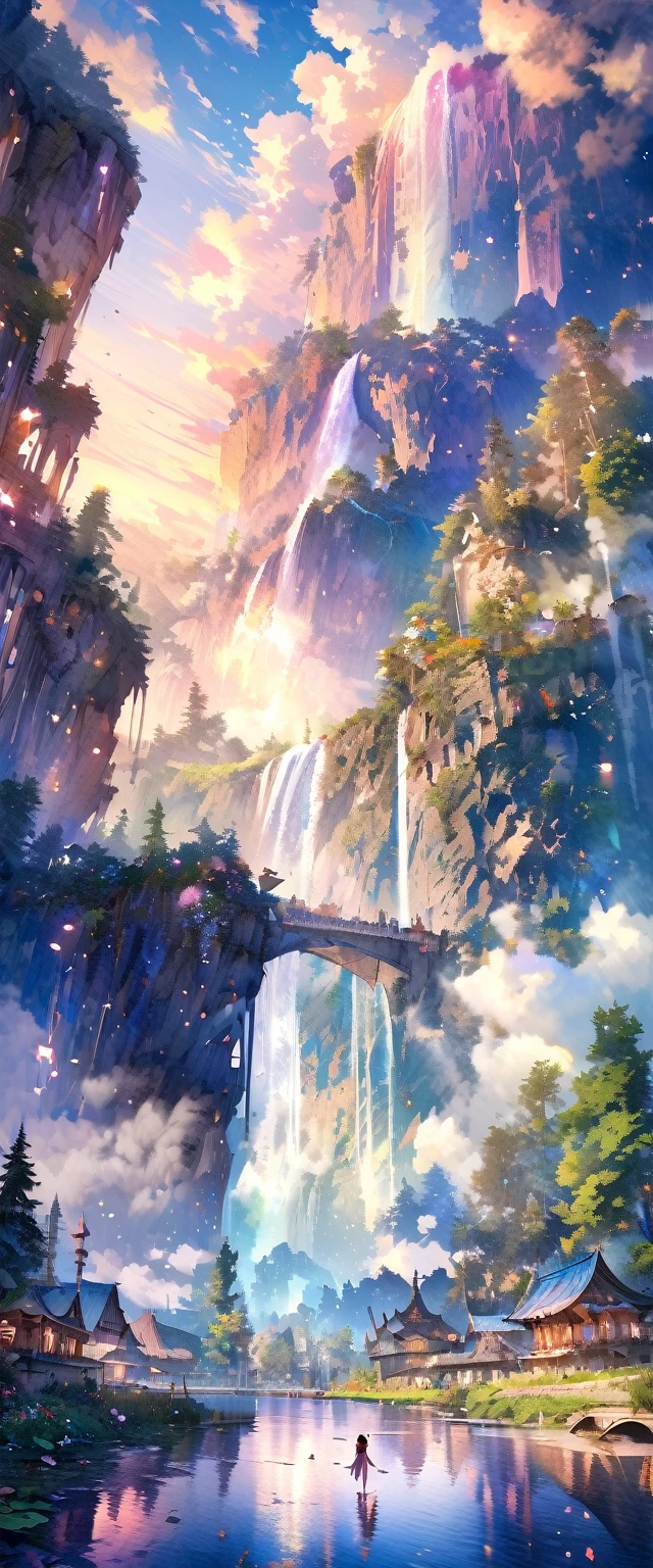 (very beautiful elaborate watercolors:1.5),beautiful nature,beautiful lake\((very elaborate and beautiful galaxy reflected:1.4)\),waterfalls,fantasy,some fairies,beautiful sky, BREAK ,quality\(8k,wallpaper of extremely detailed CG unit, ​masterpiece,hight resolution,top-quality,top-quality real texture skin,hyper realisitic,increase the resolution,RAW photos,best qualtiy,highly detailed,the wallpaper\)