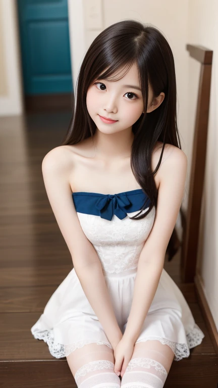 Very beautiful 14 year old cute girl、Bright and beautiful skin、Sexy and very beautiful、Very cute face，extremely beautiful、Strapless lace vest、Knee socks