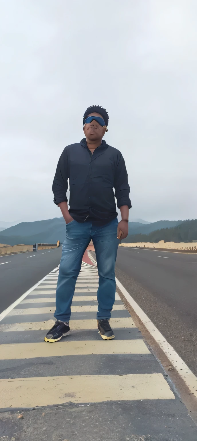 arafed man standing on a crosswalk in front of a mountain, standing in road, distant full body view, full body picture, full body photogenic shot, hills in the background, on a road, distant full body shot, without helmet, in front of a forest background, full body photgraph, very very low quality picture, in a scenic background
