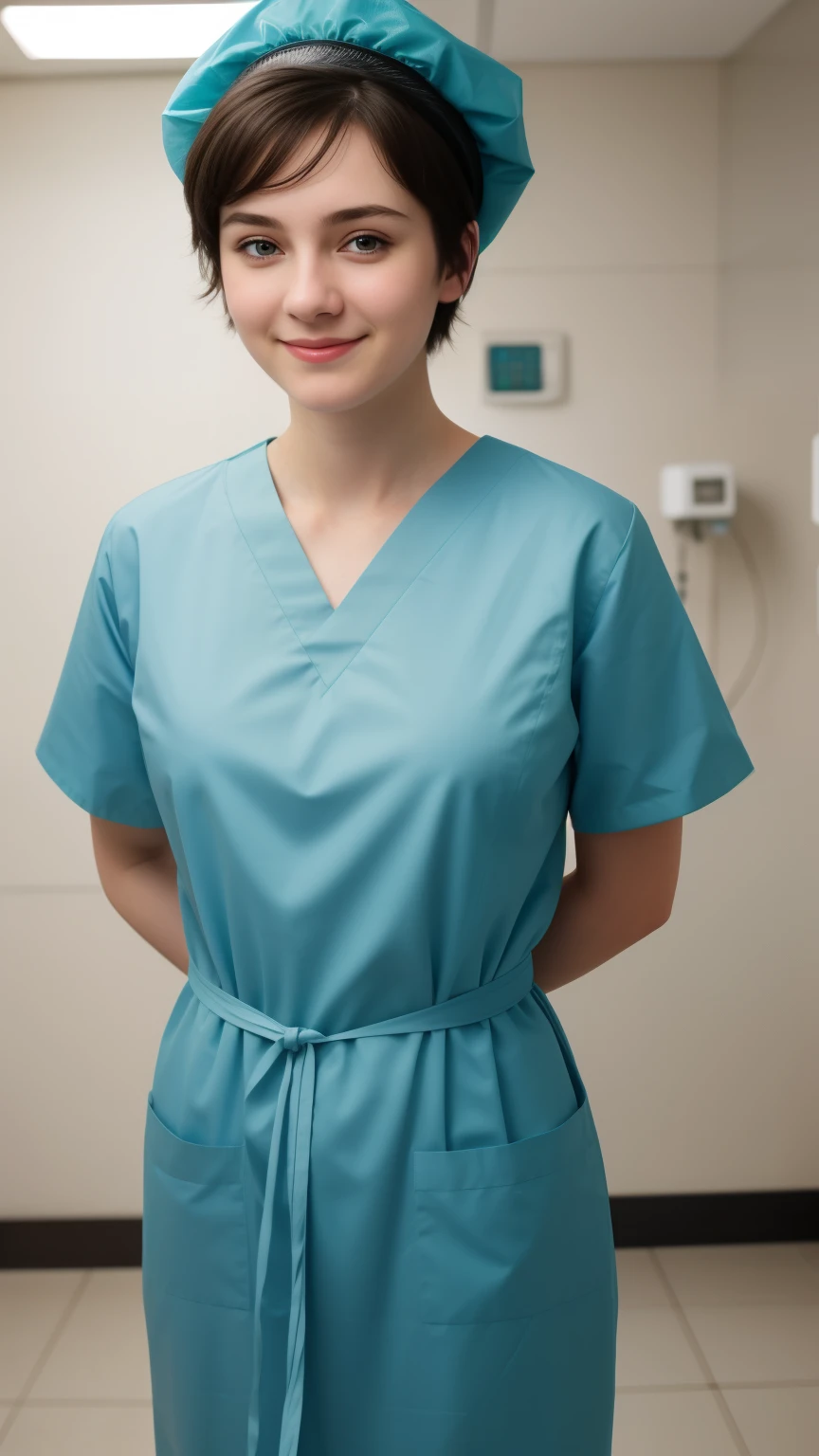 A Realistic Portrait, of a russian ager girl , pediatric patient ,17 yeautiful, detailed face, detailed eyes, (realistic skin:1.3), (pale skin:1.1), (textured skin:1.3), (()), big smile, (iphone photograph), ), (artificial lighting:1.3), looking at the camera, , amateur Photography, Photorealistic, Detailed, analog, poor quality, standing in medical change room, beautiful face, big eyes, big smile, detailed face, wears teal nylon patient gown with , putting long patient gown on, back-tied patient gown,, high closed crew-neck, bokeh, all wearing large teal nylon bouffant cap , , large surgical bouffant cap covering hair and ears, ultra-short hair fully covered by nylon shower cap, no hair tails, standing in hospital room