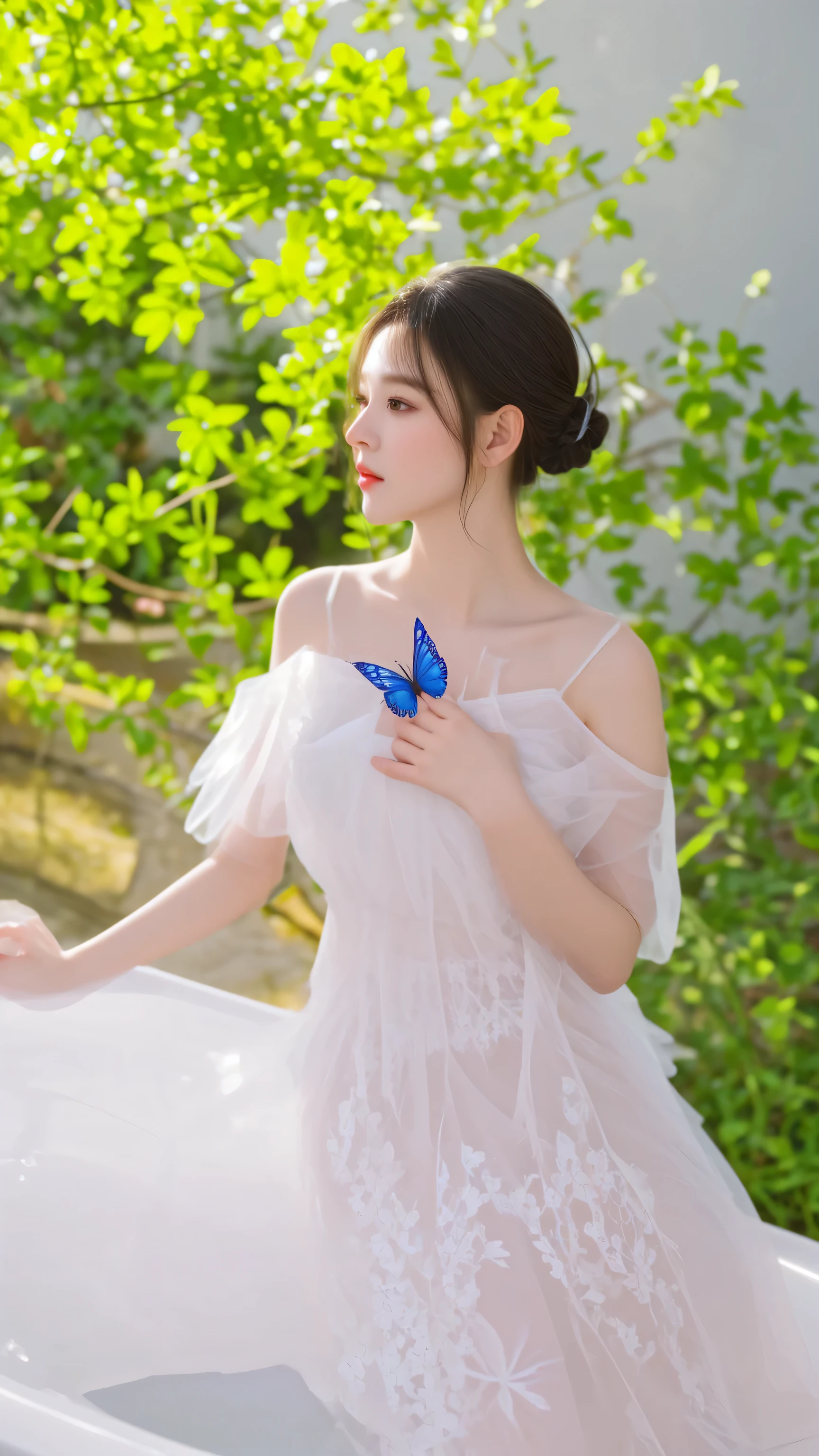 there is a woman in a white dress sitting in a bathtub, ethereal beauty, with beautiful wings, butterfly, ethereal wings, a stunning young ethereal figure, aesthetic cute with flutter, white hanfu, pale milky white porcelain skin, fantasy photoshoot, cute elegant pose, wearing translucent sheet, translucent wings, by Leng Mei, dilraba dilmurat, transparent wings