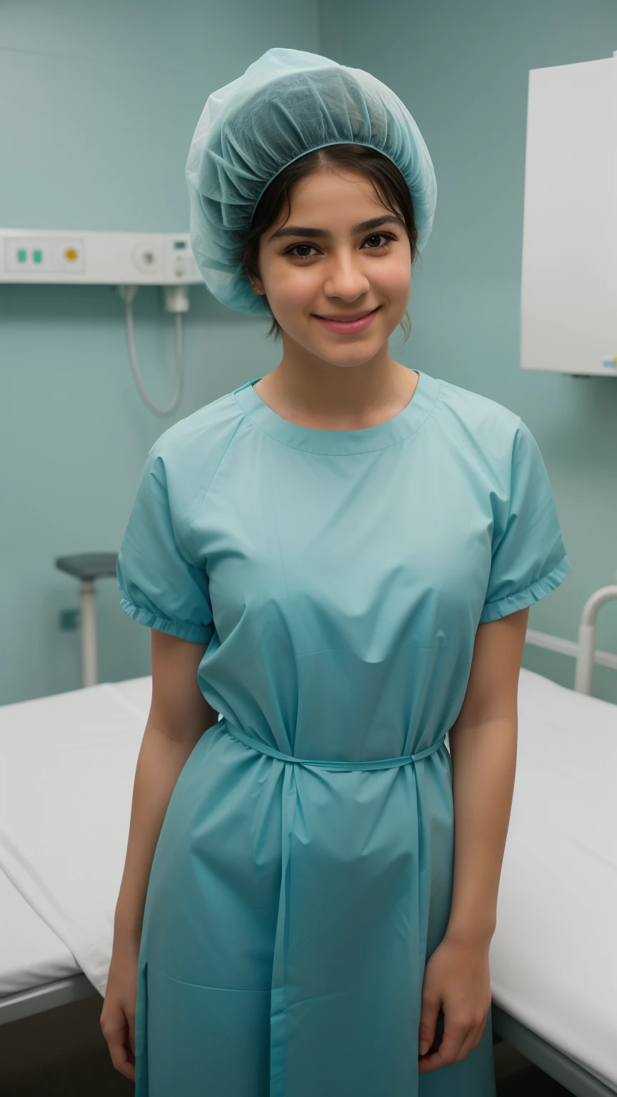A Realistic Portrait, of a ager girl (Shakira) , pediatric patient ,15 yeautiful, detailed face, detailed eyes, (realistic skin:1.3), (pale skin:1.1), (textured skin:1.3), (()), big smile, (iphone photograph), ), (artificial lighting:1.3), looking at the camera, , amateur Photography, Photorealistic, Detailed, analog, poor quality, standing in medical change room, beautiful face, big eyes, big smile, detailed face, wears teal nylon patient gown with , putting long patient gown on, back-tied patient gown,, high closed crew-neck, bokeh, all wearing large teal nylon bouffant cap , , large surgical bouffant cap covering hair and ears, ultra-short hair fully covered by nylon shower cap, no hair tails, standing in hospital room