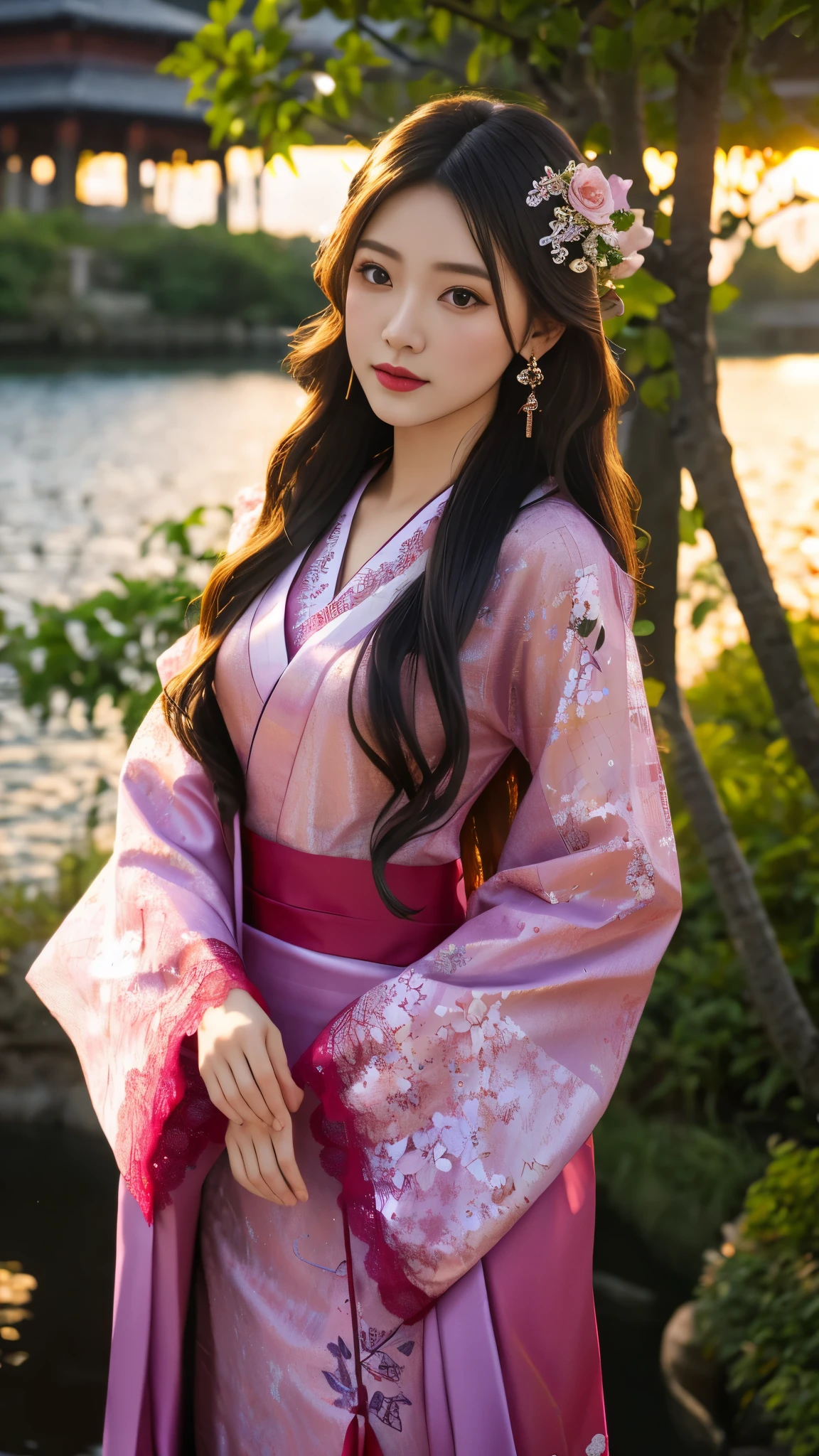 8K, UHD, masterpeiece,best quality, 1 girl, detailed face, detailed eyes, very long hair, long straight hair, small breasts, very detailed dress, kimono costume, magenta costume, ((mesh lace)), sardine, flowing sardine, jwellery, earring, ornaments, flower, evening, lake, water, sunset, depth of field, glowing light, god rays, reflection light, bloom, blending,