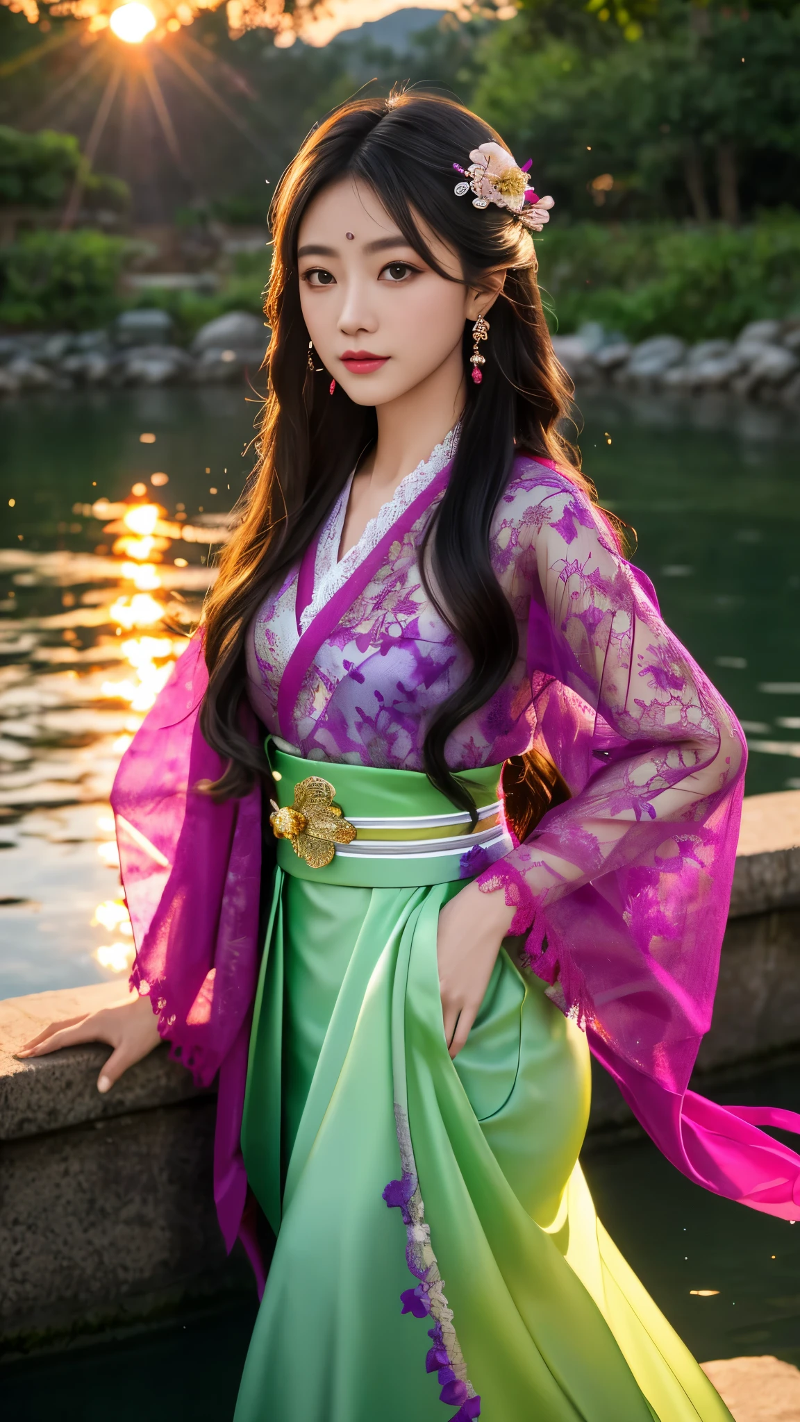 8K, UHD, masterpeiece,best quality, 1 girl, detailed face, detailed eyes, very long hair, long straight hair, small breasts, very detailed dress, kimono costume, magenta costume, ((mesh lace)), sardine, flowing sardine, jwellery, earring, ornaments, flower, evening, lake, water, sunset, depth of field, glowing light, god rays, reflection light, bloom, blending,