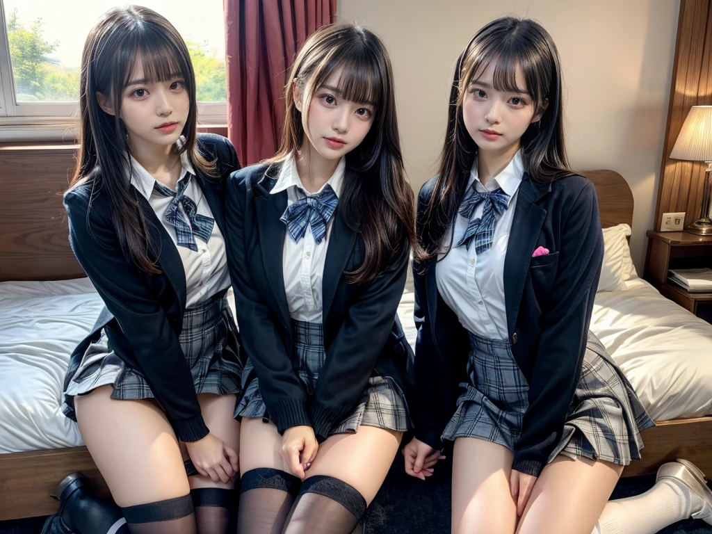 (8K, Raw photography, top-quality, masterpiece:1.2), master piece, best quality, illustration, Super detailed, fine details, High resolution, 8K,wall paper, perfect dynamic composition,(Details High quality, realistic depiction of eyes:1.3), ((2 girls, 2 schoolgirls)), The background is a luxury hotel room、High school girl uniform、blazer 、Super Short Check Uniform Skirt、Navy blue high socks、garterbelts、Colossal tits、Disturbed uniform, Play with each other,Touching each other's bodies,Touching the body of the girl next door, short bob hair, black hair color, huge breasts, Big Natural Color Lip, bold sexy pose, (perfect body shape), crying a little、cold gaze, Beautiful makeup,glitter makeup,Cutest 18 years old, beautiful legs, hposing Gravure Idol, Voluptuous thighs