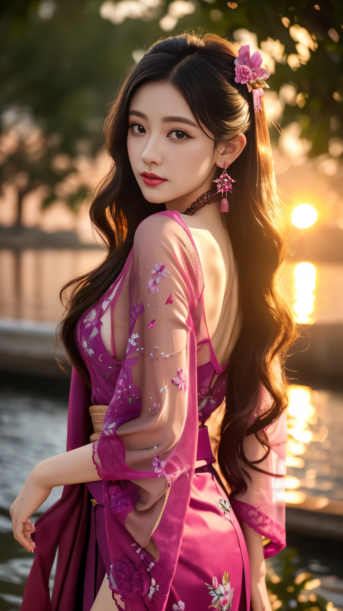 8K, UHD, masterpeiece,best quality, 1 girl, detailed face, detailed eyes, very long hair, long straight hair, small breasts, very detailed dress, kimono costume, magenta costume, ((mesh lace)), sardine, flowing sardine, jwellery, earring, ornaments, flower, evening, lake, water, sunset, depth of field, glowing light, god rays, reflection light, bloom, blending,