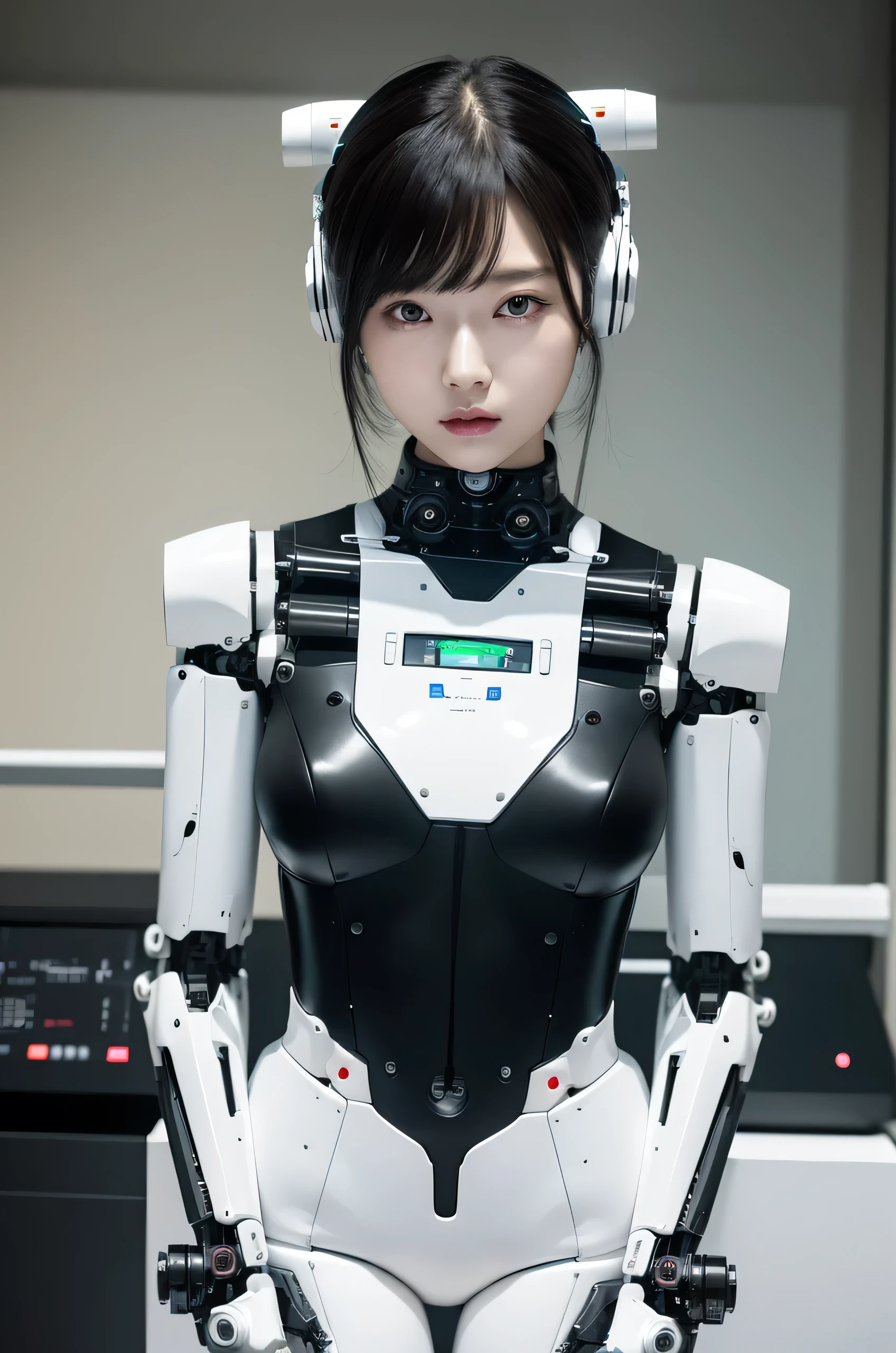 masterpiece, best quality, extremely detailed, 8k portrait, Japaese android Girl,Plump , dark black knee high socks,announcer,control panels,android,Droid,Mechanical Hand, Robot arms and legs, Black Robot Parts,Black hair,Mechanical body,Blunt bangs,White abdomen,white body suits,White robotics parts,perfect robot woman,future laboratory,cyber pank,charging spot,laboratory,long tube,thick cable connected her neck,ceramic body ,full eyes,striking eyes,perfect mechanical body, white robot body,lod antenna,mechanical ear cover,android,robot humanoid,black sponge joints,