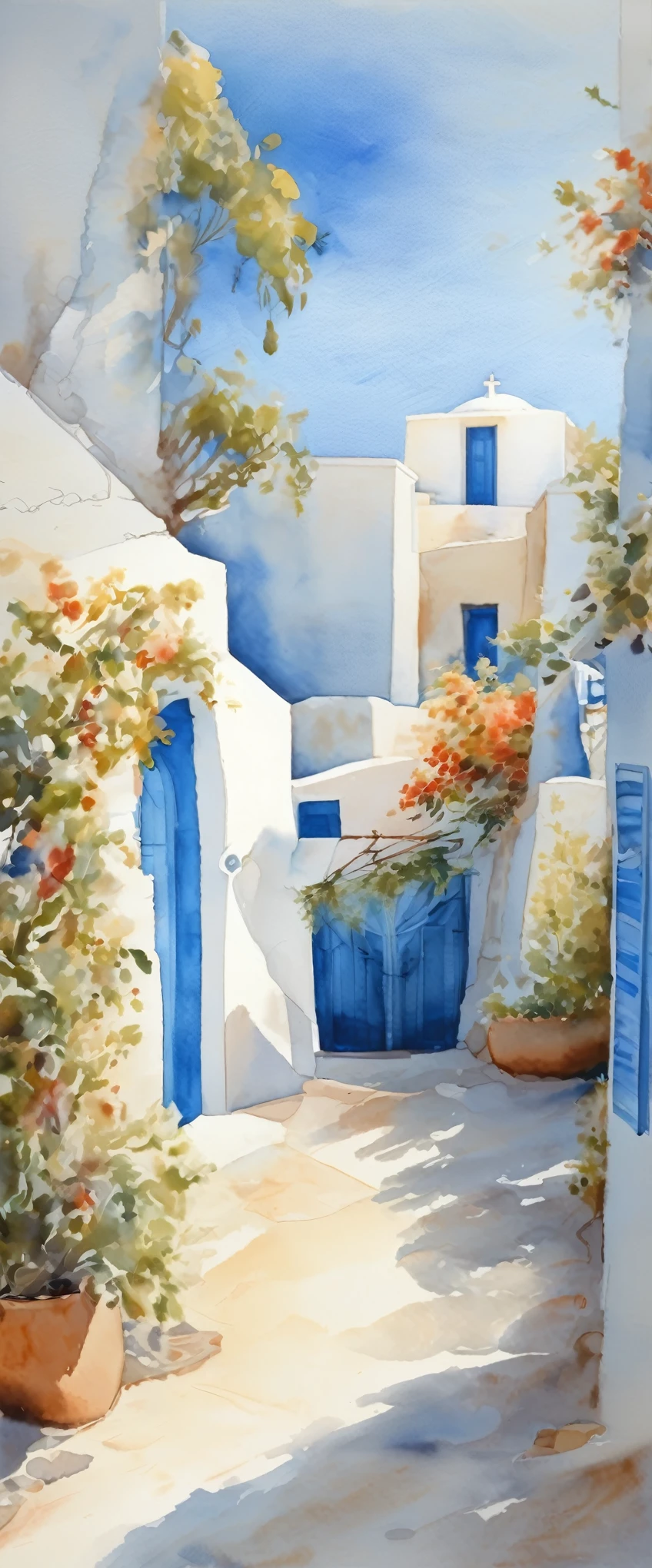 ((Watercolor)),Watercolor landscape: Santorini,Greece,Gentle colors,Beautiful blue and white contrast,Use watercolors and colored pencils,intricate details,very fine details,delicate touch,Bleeding characteristic of watercolor paints,masterpiece,incredibly absurd,beautiful light and shadow,Sky,cloud