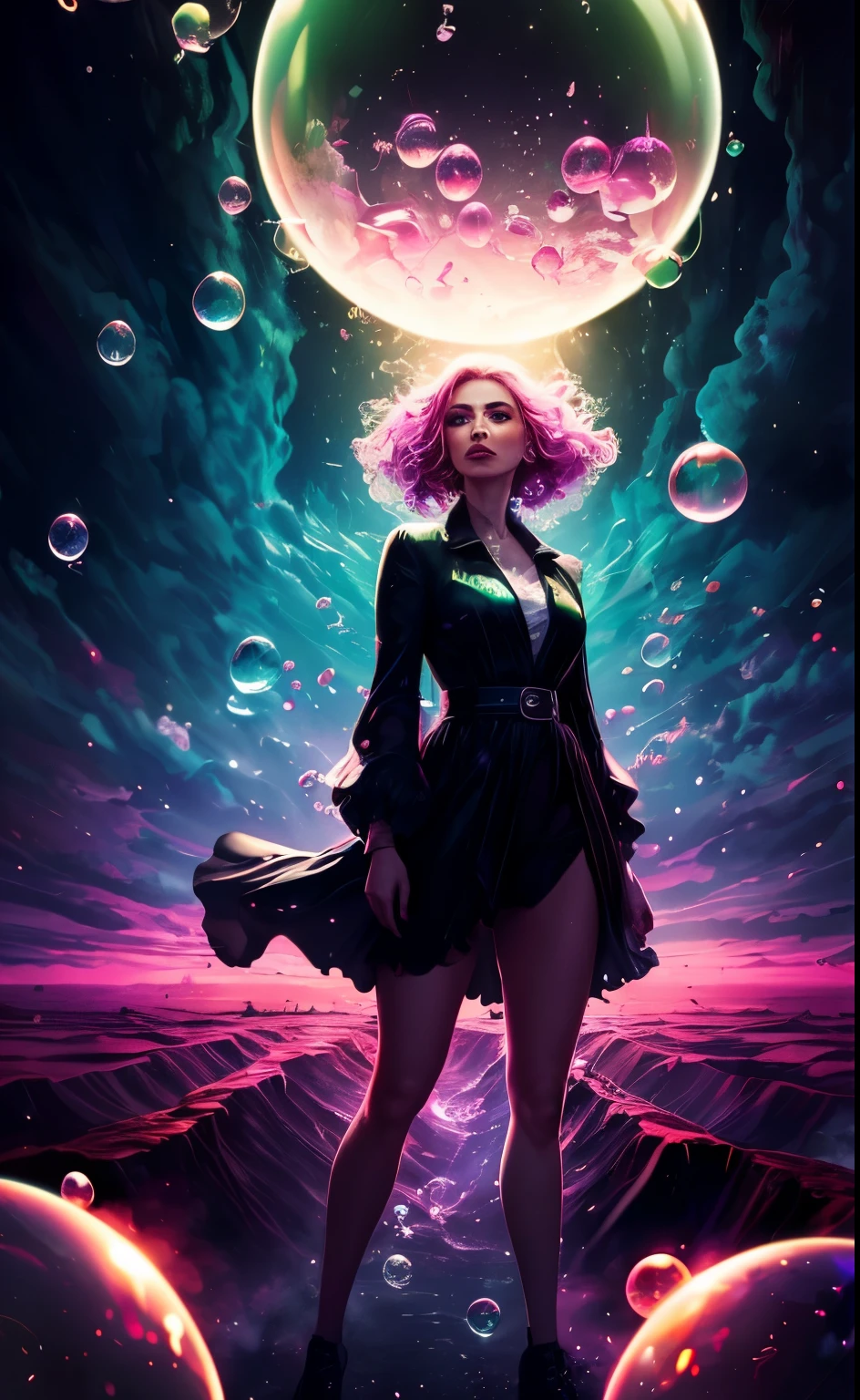 A crunchy dreamy woman in charge of colorful jet black, a wide landscape shot of a techno nightmarish landscape background, a mysterious, translucent glow of green and pink liquid in tattered women's church clothes. The body of a sphere filled with bubbles is shattered,