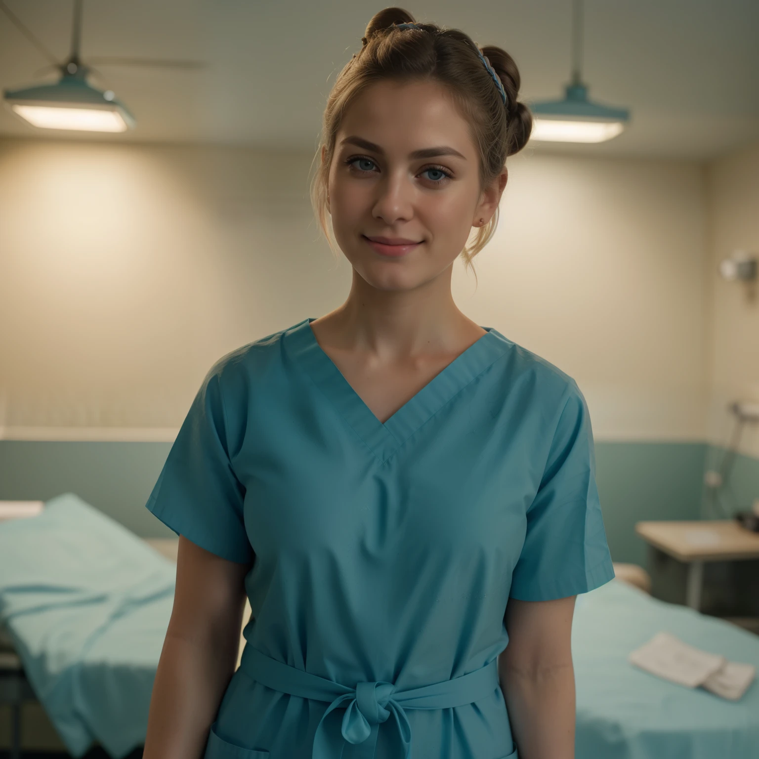 A Realistic Portrait, of a tenager girl, 13 years old (Lady Oscar=, blonde hair,, as surgical nurse, Beautiful, detailed face, detailed eyes, (realistic skin:1.3), (pale skin:1.1), (textured skin:1.3), (()), big smile, (iphone photograph), (perfect small breasts:1.1), (artificial lighting:1.3), looking at the camera, perfect slim body, amateur Photography, Photorealistic, Detailed, analog, poor quality, grainy, standing in operation room, wearing dark-teal surgical scrubs, wide angle, showing full body, short hair tied up, hair bun, hair tied as chignon