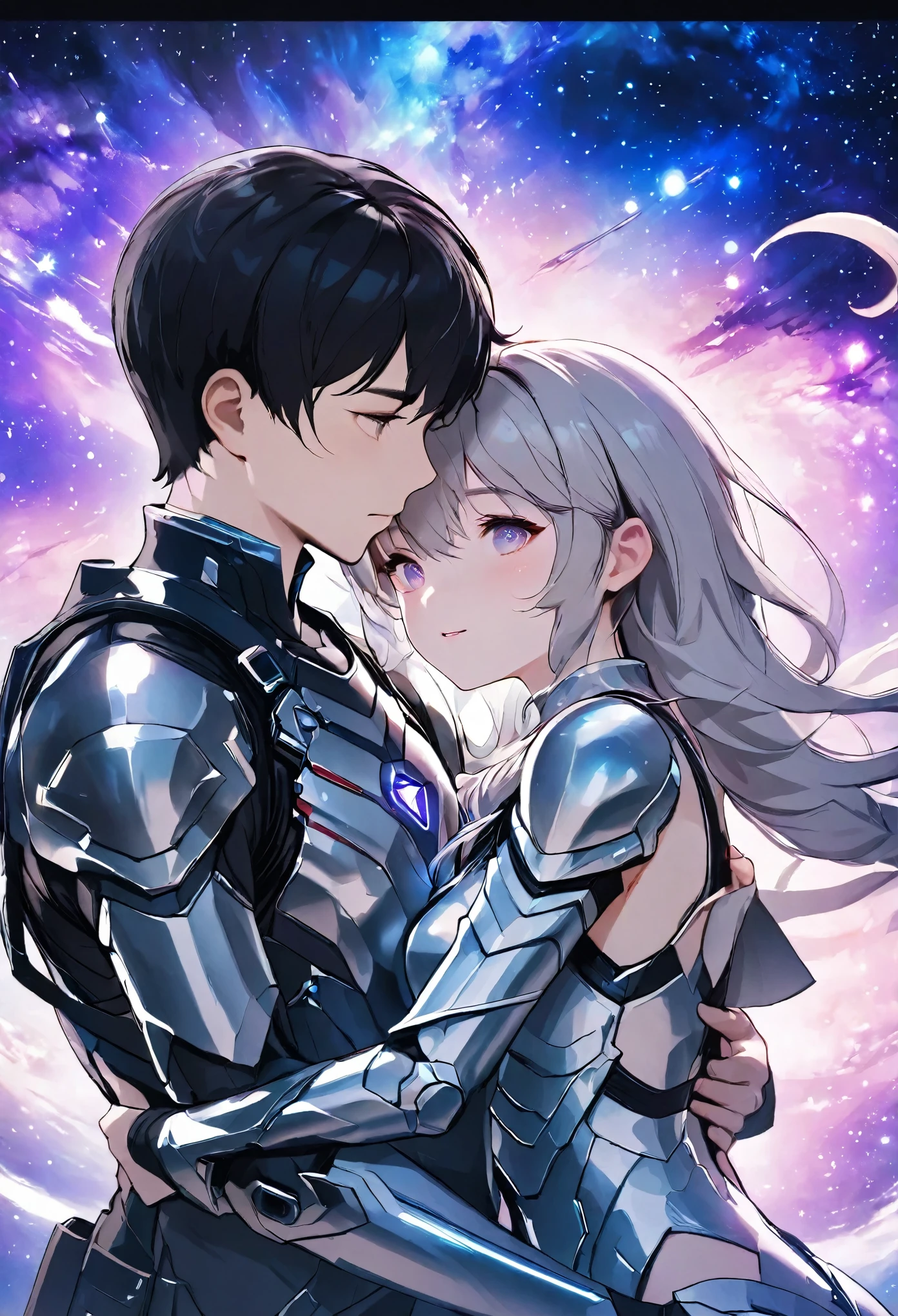 ((full body)), ((A boy and a yinji girl)), ((Long shot)), ((Armor)), ((Lie flat on the ground and embrace)), Two-man match, 4k ultra hd, masterpiece, good face, detailed eyes, detailed lips, neon lights, (galaxy background:1.5), in the heaven, Dissolving is correct