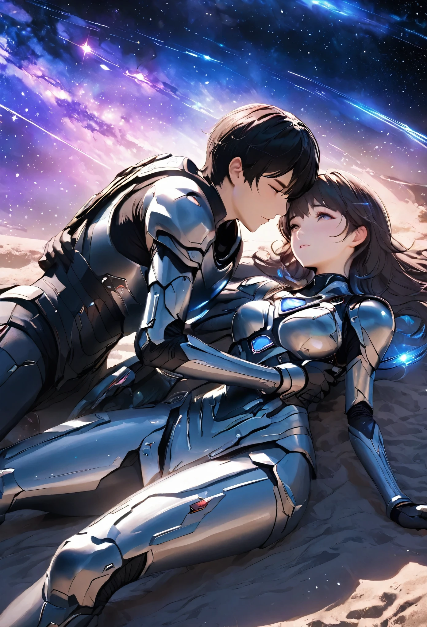 ((full body)), ((A boy and a yinji girl)), ((Long shot)), ((Armor)), ((Lie flat on the ground and embrace)), Two-man match, 4k ultra hd, masterpiece, good face, detailed eyes, detailed lips, neon lights, (galaxy background:1.5), in the heaven, Dissolving is correct