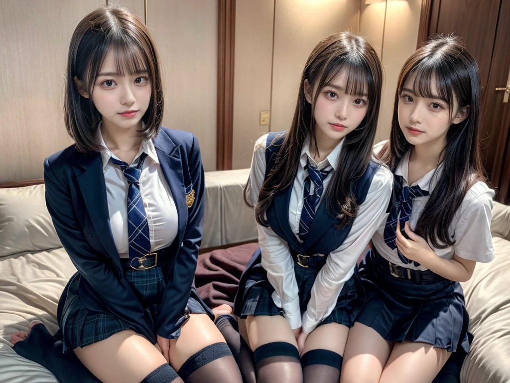 (8K, Raw photography, top-quality, masterpiece:1.2), master piece, best quality, illustration, Super detailed, fine details, High resolution, 8K,wall paper, perfect dynamic composition,(Details High quality, realistic depiction of eyes:1.3), ((2 girls, 2 schoolgirls)), The background is a luxury hotel room、High school girl uniform、blazer 、Super Short Check Uniform Skirt、Navy blue high socks、garterbelts、Colossal tits、Disturbed uniform, Play with each other,Touching each other's bodies,Touching the body of the girl next door, short bob hair, black hair color, huge breasts, Big Natural Color Lip, bold sexy pose, (perfect body shape), crying a little、cold gaze, Beautiful makeup,glitter makeup,Cutest 18 years old, beautiful legs, hposing Gravure Idol, Voluptuous thighs