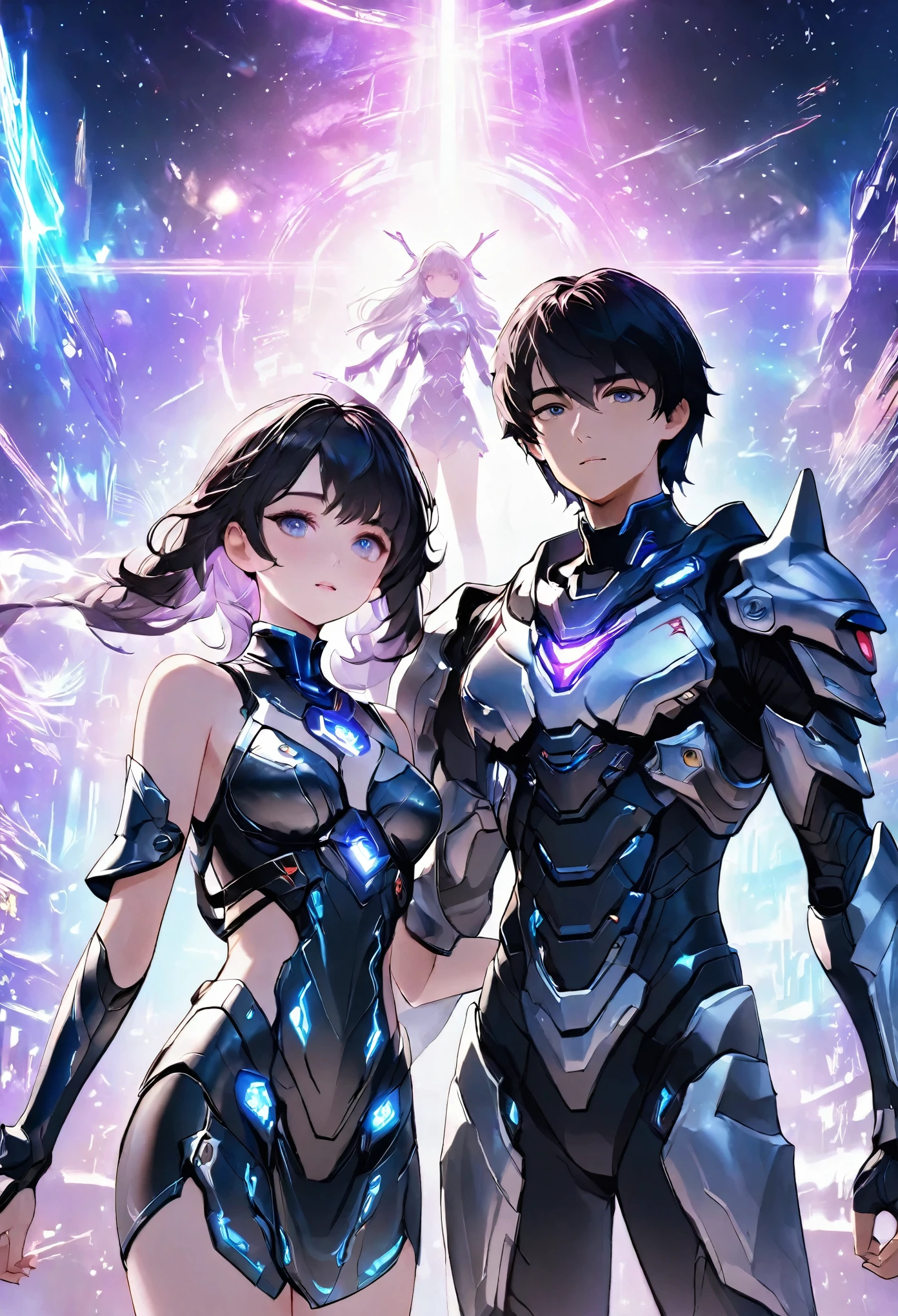 ((full body)), ((A boy and a yinji girl)), ((Long shot)), ((Armor)), ((Walk hand in hand)), Two-man match, 4k ultra hd, masterpiece, good face, detailed eyes, detailed lips, neon lights, (galaxy background:1.5), in the heaven, Dissolving is correct