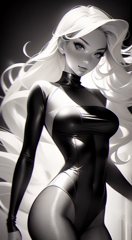 Beautiful 20yr old girl, blonde, detailed, toned body, female femme dessin, simple, Noir et blanc, monochrome, looking at viewer, fashionista, bodystocking, dynamic pose